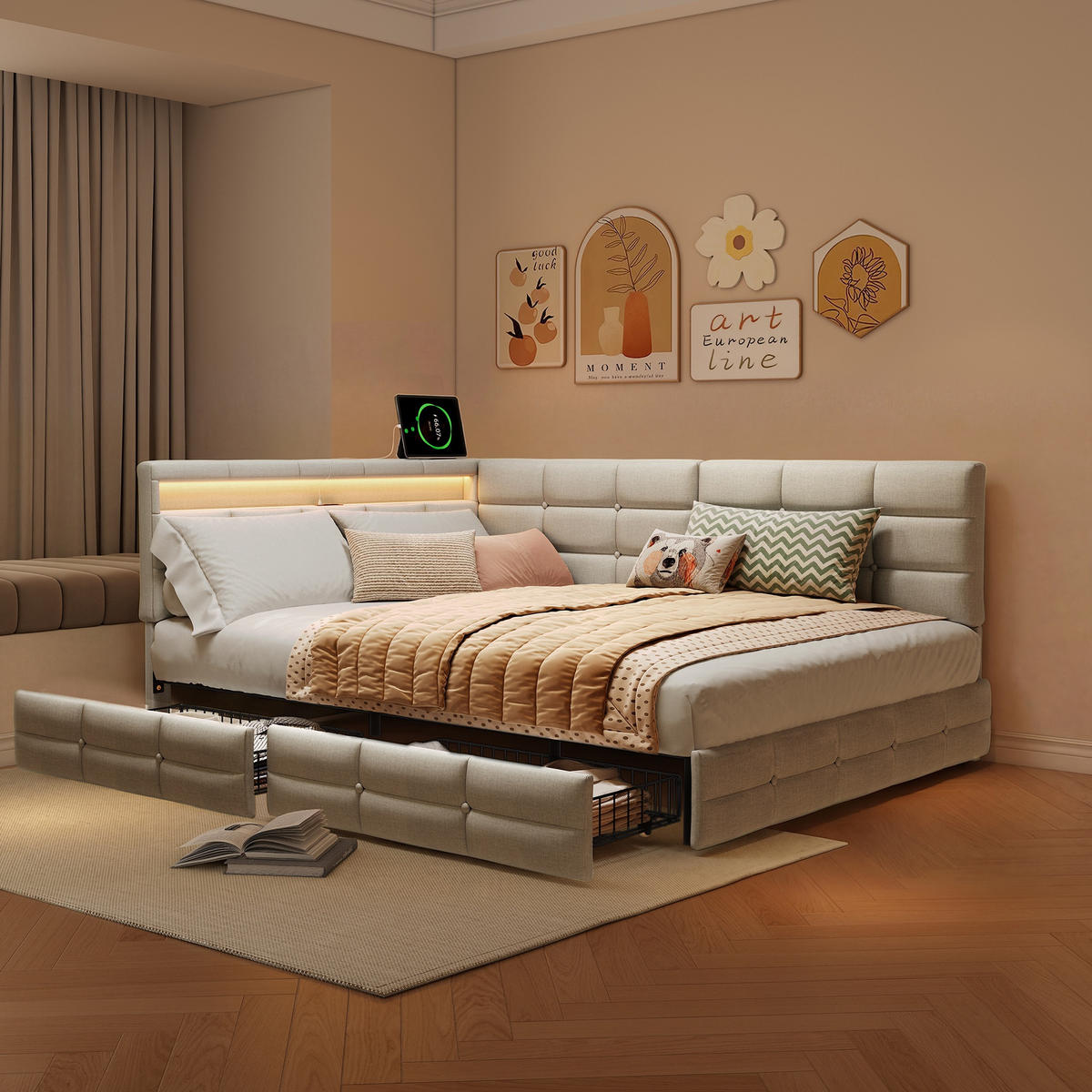 POLSTERBETT 140x190cm Tagesbett mit LED-Beleuchtung und Schublade – Leinen Beige - Beige, Textil (140/190cm) - DELFA