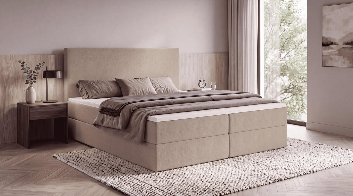 BOXBETT SENTO 140x200 cm mit Bettkasten, Bonell-Matratze H3 und Topper – Bouclé Beige - Beige, Textil (140/200cm) - Luxkor24