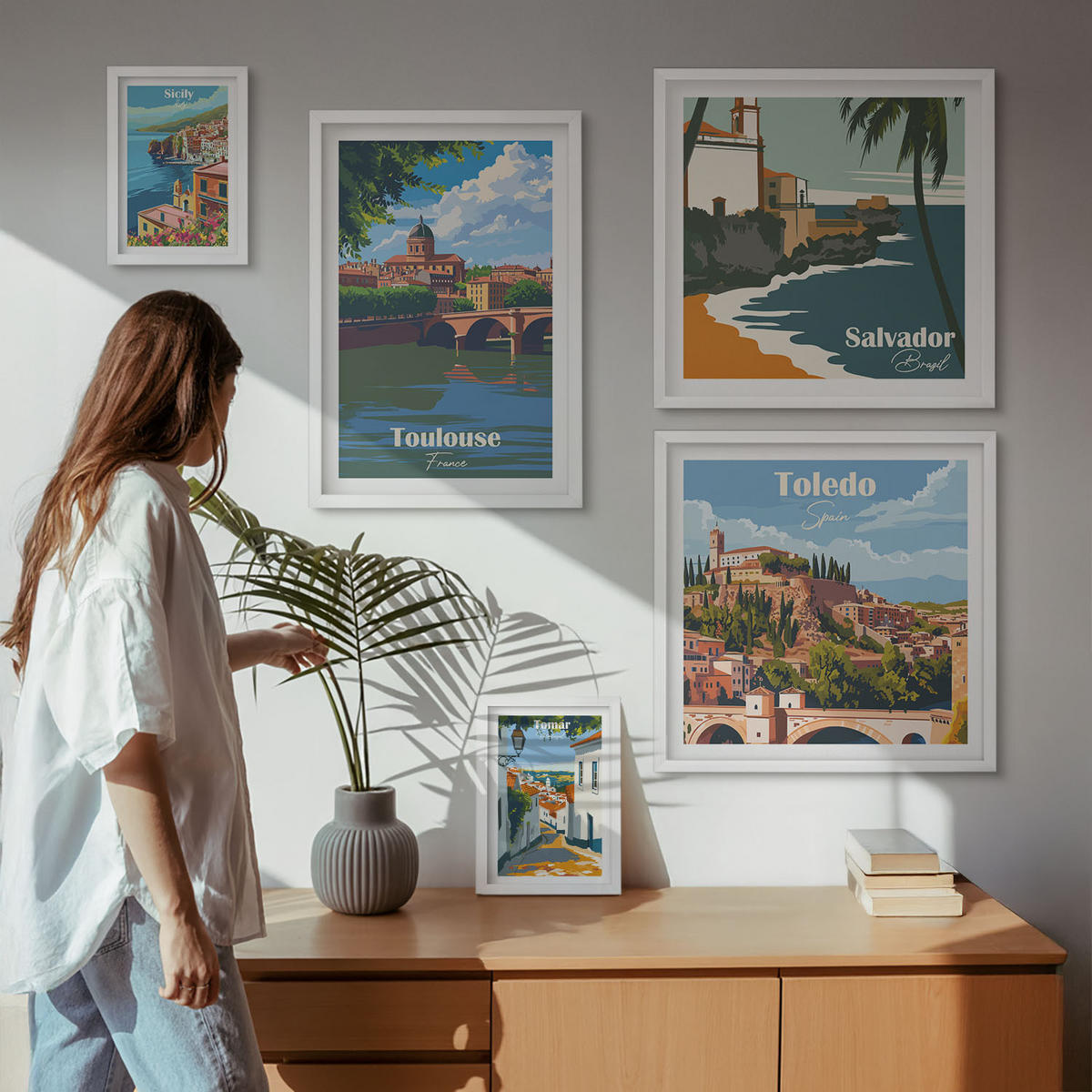 WANDBILDER 5er-Set - 50x50 cm & 20x30 cm & 40x60 cm Weißer Rahmen - Illustrationen zur Retro-Architektur der Berge - Weiß, Kunststoff (40/60cm) - ArtPrintCave