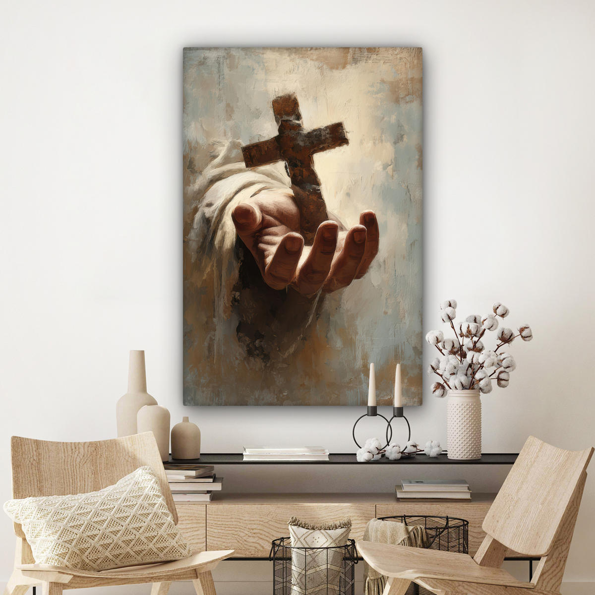 LEINWANDBILD Abstrakt - Kreuz - Hand - Christentum Deko Groß 90x140 cm - Hellbraun, Textil (90/140cm) - MuchoWow