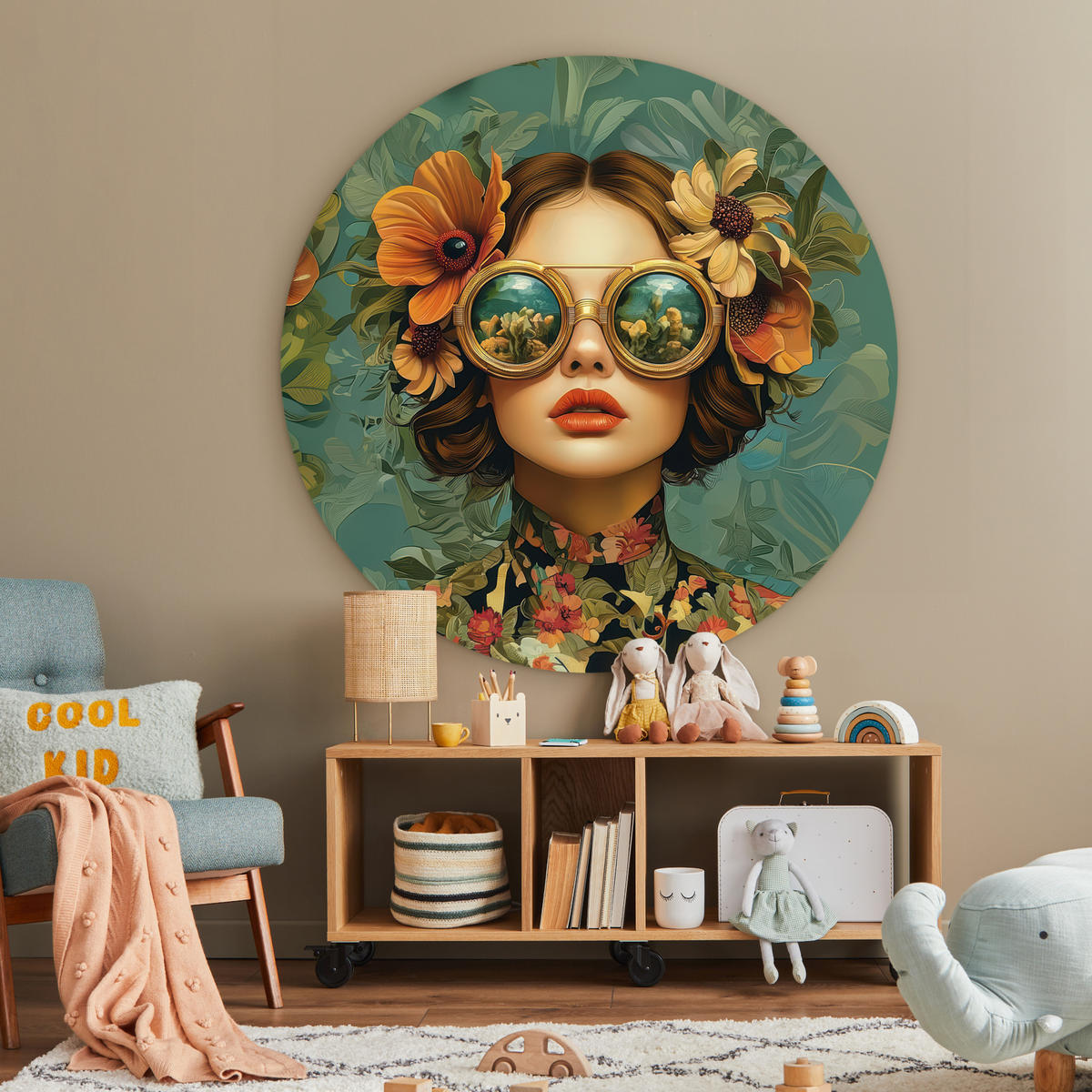 NÁSTĚNNÝ OBRAZ Žena - Květiny - Motýli - Příroda - Vintage 140x140 cm - petrolejová, plast (140/140cm) - MuchoWow