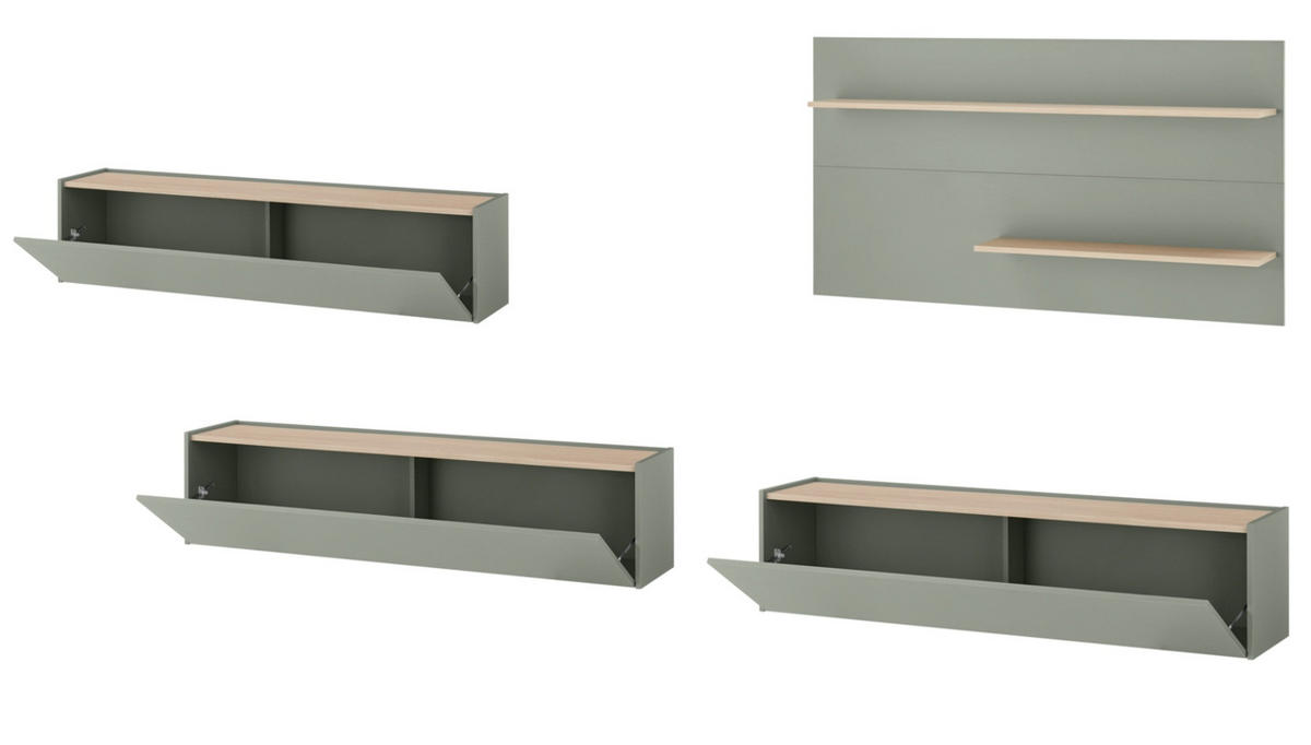 WOHNWAND 4-teilig, Set in Salbei Grün und Eiche, mit XXL TV Lowboard 300 cm hängend, gesamt 400 x 190 cm - Salbeigrün/Eichefarben, Holz/Holzwerkstoff (400/190/30cm) - Furn.Design