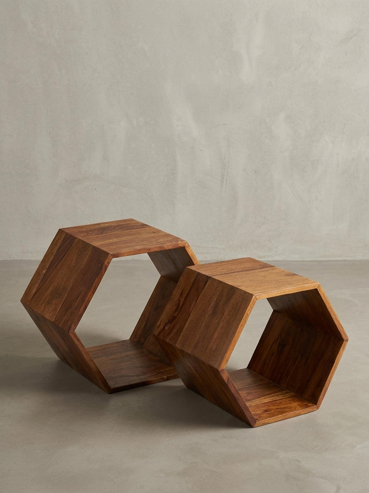 BEISTELLTISCH Set – 2-teilig Massivholz Braun Wabenform handgefertigt - Braun, Holz (30/46/40cm) - KADIMA DESIGN