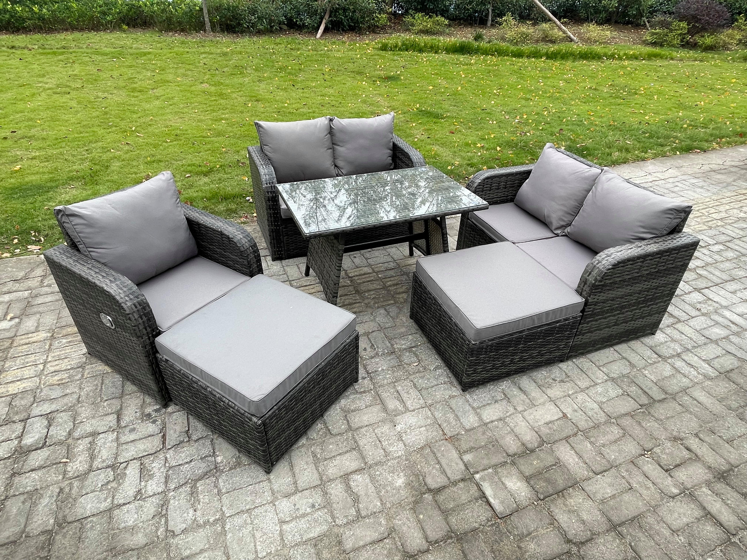 GARTENMÖBELSET mit ESSTISCH,SOFA Polyrattan 7-Sitzer - Dunkelgrau/Grau, Glas/Kunststoff - Fimous