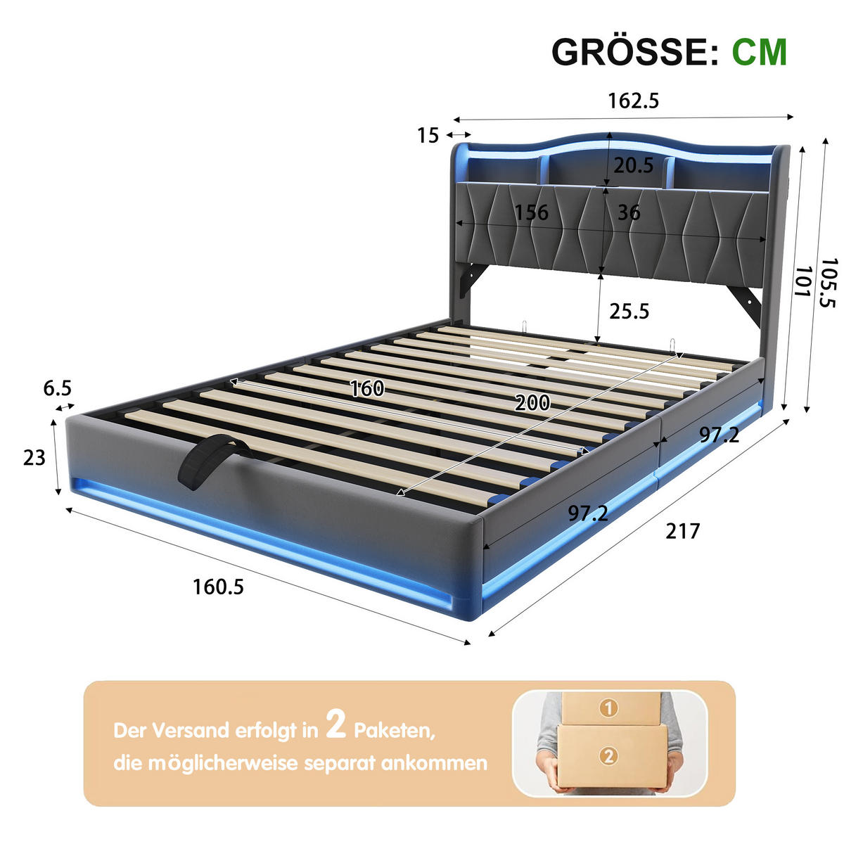 POLSTERBETT 160x200 cm mit Stauraum‑Kopfteil, Hydraulik‑Stauraum, LED und USB‑C Ladeanschlüsse, Velours‑Stoff, grau - Grau, Holz (160/200cm) - BRILVERDE