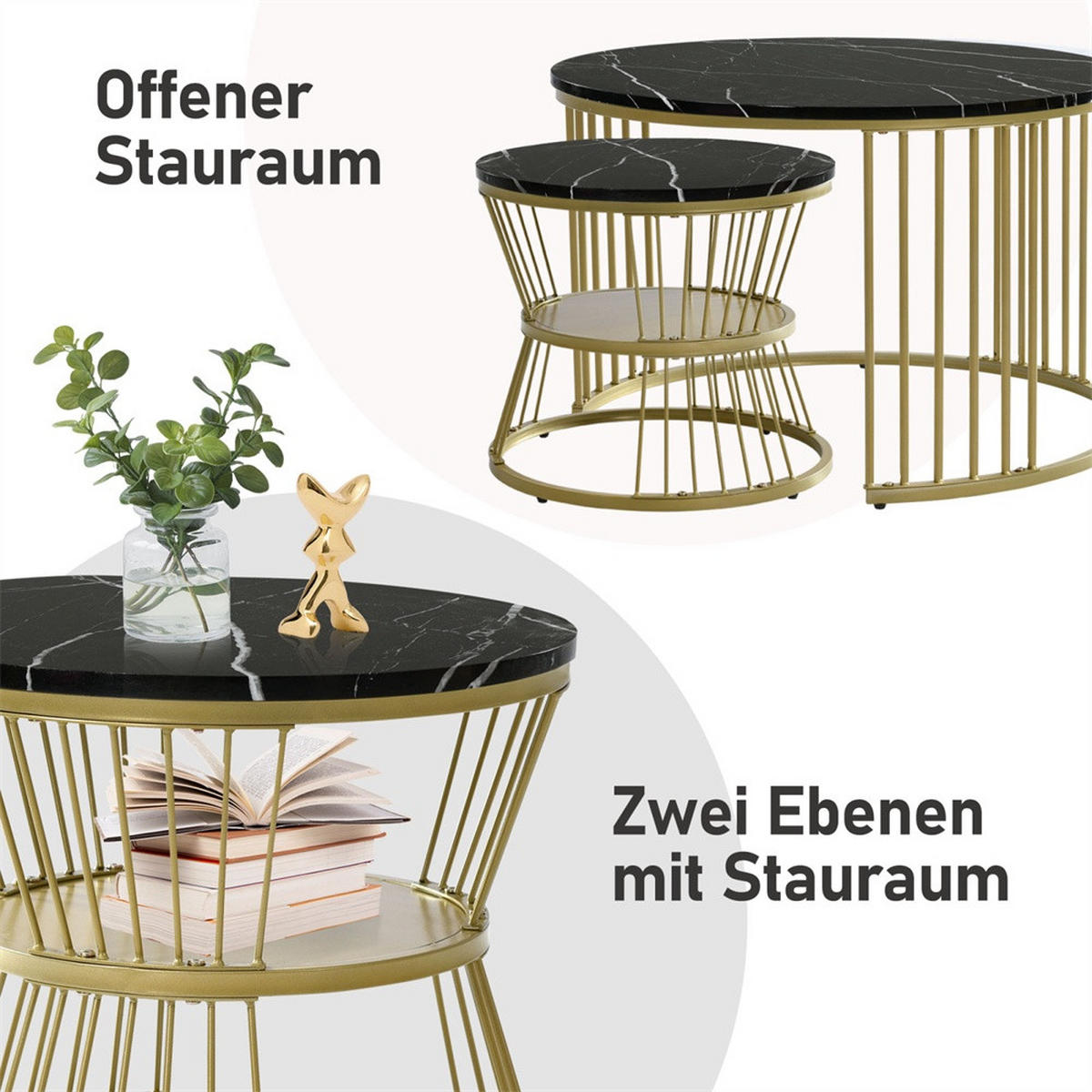 COUCHTISCH 2er Set - Runder Couchtisch 70 cm & 45 cm - Ineinander Schiebbar Marmoroptik - Gold & Schwarz - Schwarz, Holzwerkstoff (70/70/45.5cm) - DELFA