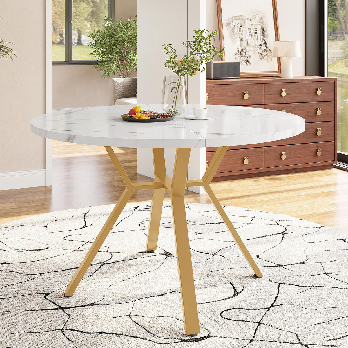 ESSTISCH rund 100 cm weiß aus MDF mit X-förmiger goldfarbener Metallhalterung - Weiß, Holzwerkstoff (100/100/75cm) - OKWISH