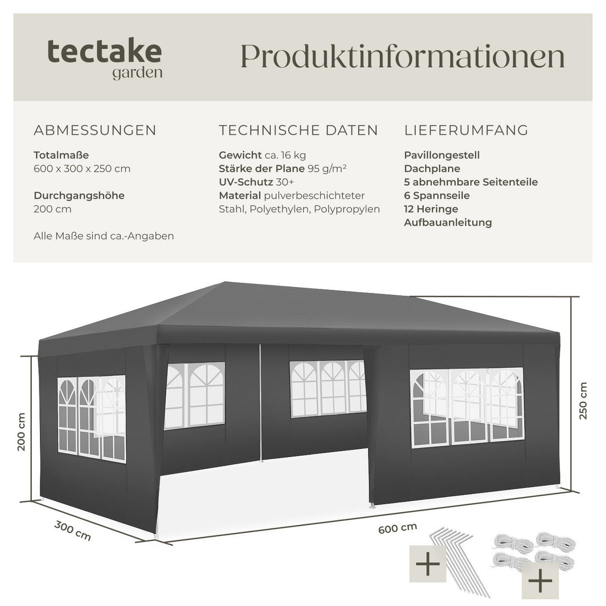 PAVILLON Novara,wasserdicht,grau - Grau, Kunststoff (300/250/600cm) - tectake