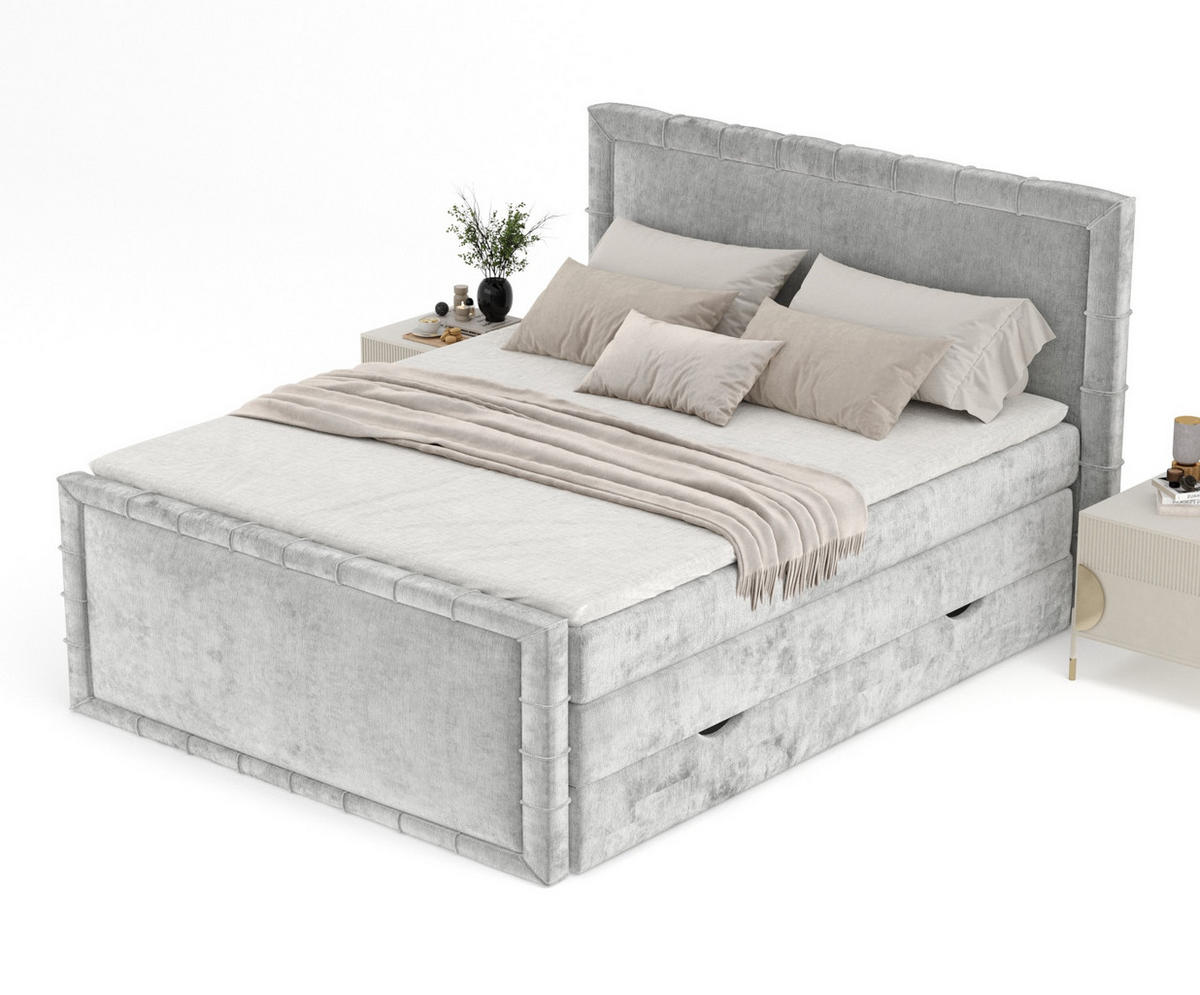 BOXBETT Estelle Hellgrau 180/200 cm im Chenille-Stoff - Hellgrau/Schwarz, Holz/Holzwerkstoff (180/200cm) - Maison de Reve