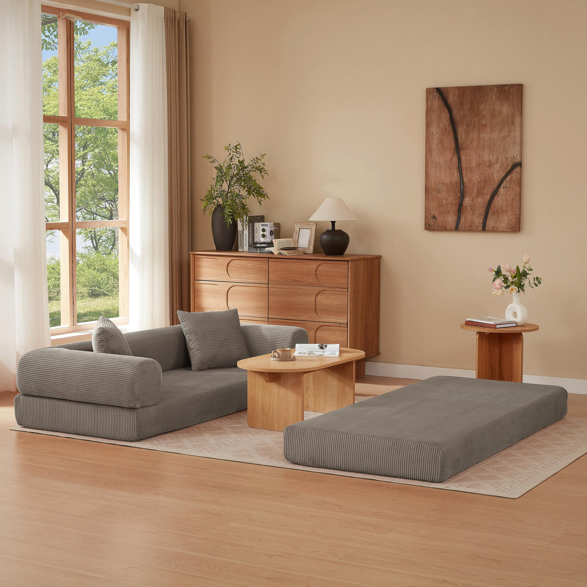 SCHLAFSOFA aus Cord in Taupe – 2-in-1 Bodensofa & Gästebett ohne Montage - Taupe, Textil (89/59/195cm) - Urban Meuble