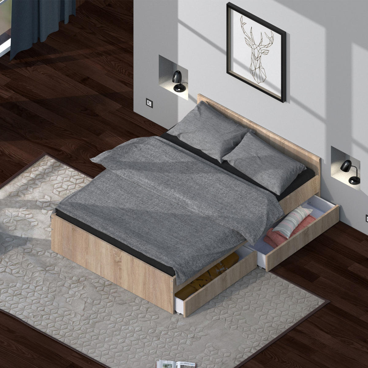 BETT KAPPA mit Schubladen/ Bett 140x190 - Eiche gebleicht Dekor - Sonoma Eiche, Holzwerkstoff (140/190cm) - Weber Industries