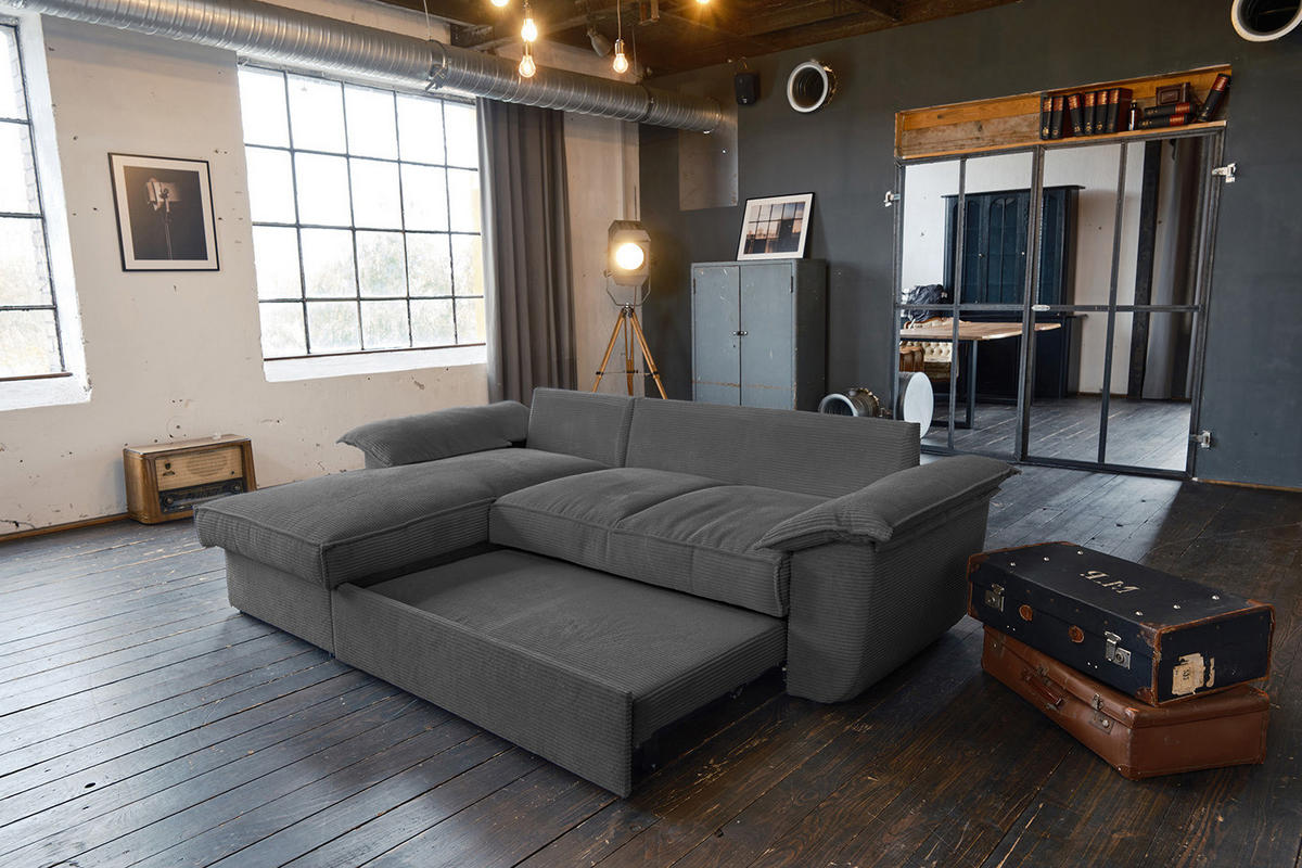 ECKSOFA DAMETO Grau Cord - Schwarz/Grau, Kunststoff/Textil (266/174cm) - KAWOLA