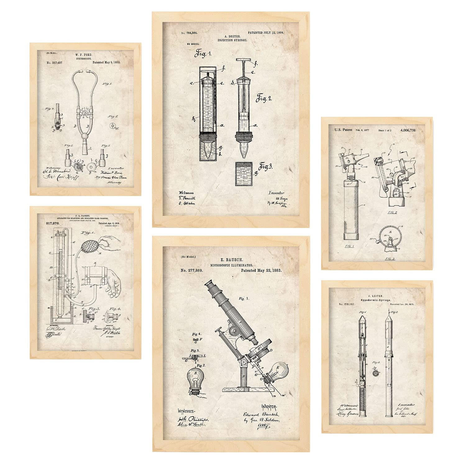 POSTER Set Mit 6 Plakaten Mit Medizin Patenten Im Vintage Stil A3 & A4 Rahmen Aus Hellem Holz - Beige, Papier (29/3cm) - Nacnic