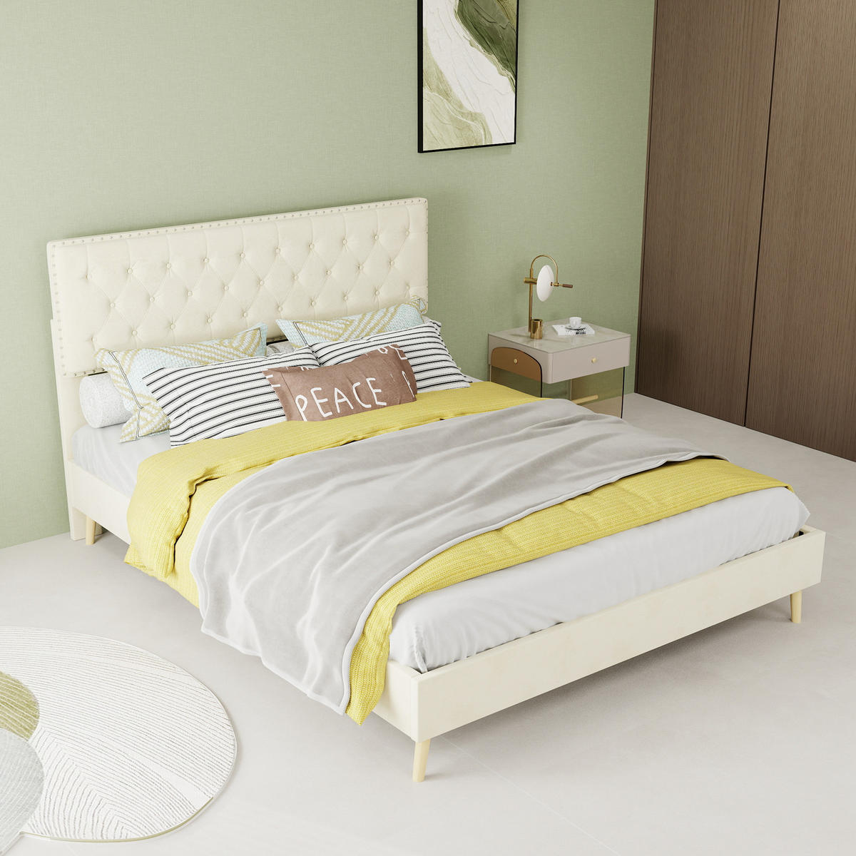 POLSTERBETT 140/200 cm in Beige Samt mit Stauraum unter dem Bett und hohem Kopfteil - Beige, Holzwerkstoff/Textil (140/200cm) - STILVORA