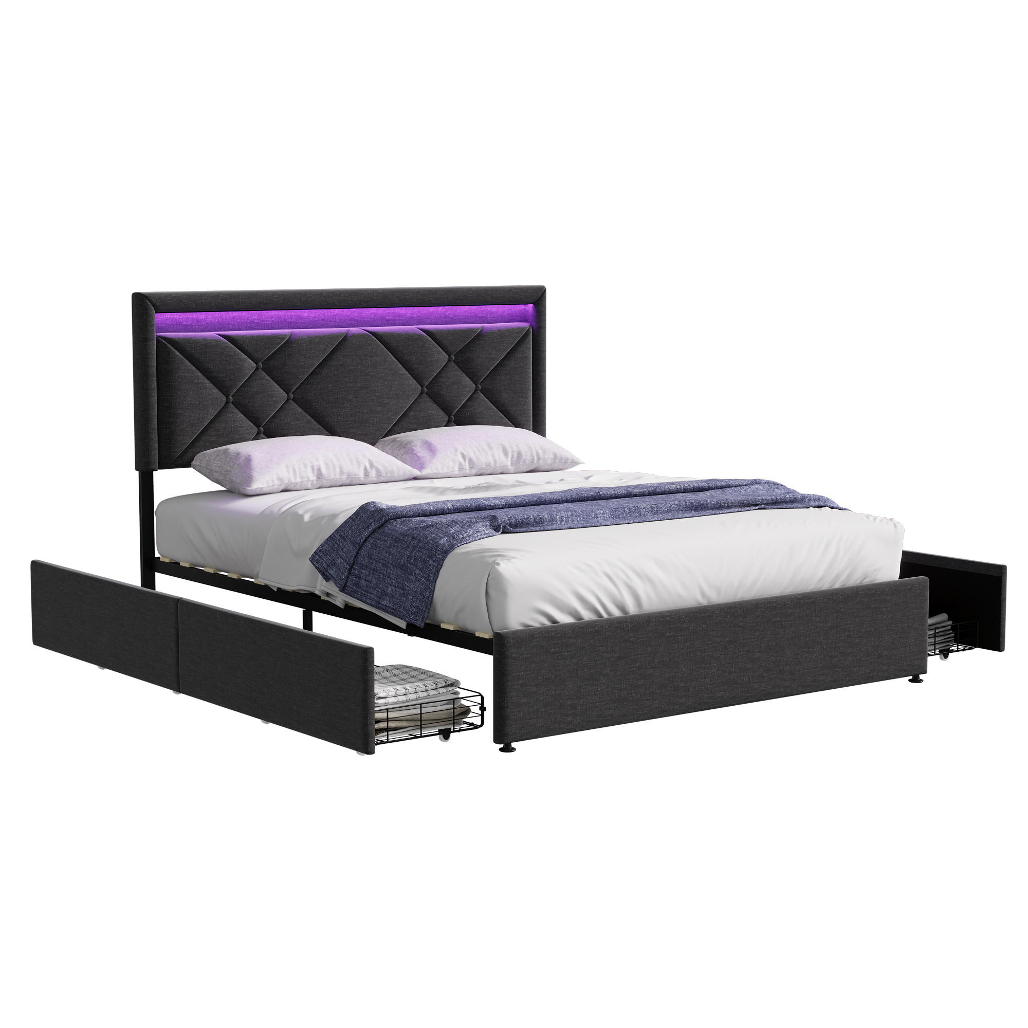 STAURAUMBETT 160x200 cm,Polsterbett mit Bettkasten Schubladen und LED-Beleuchtung - Grau, Holz (160/200cm) - PARAFTA HOME