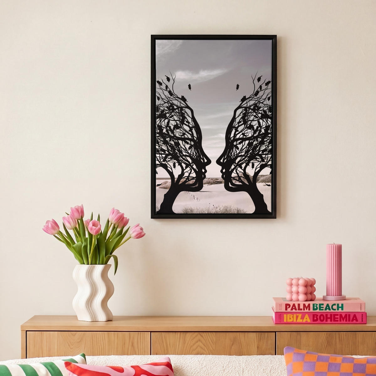 LEINWAND Bilder mit Rahmen - Strand - Meer - Menschen - Baum - Moderne Kunst - 20x30 - Hellgrau, Textil (20/30cm) - MuchoWow