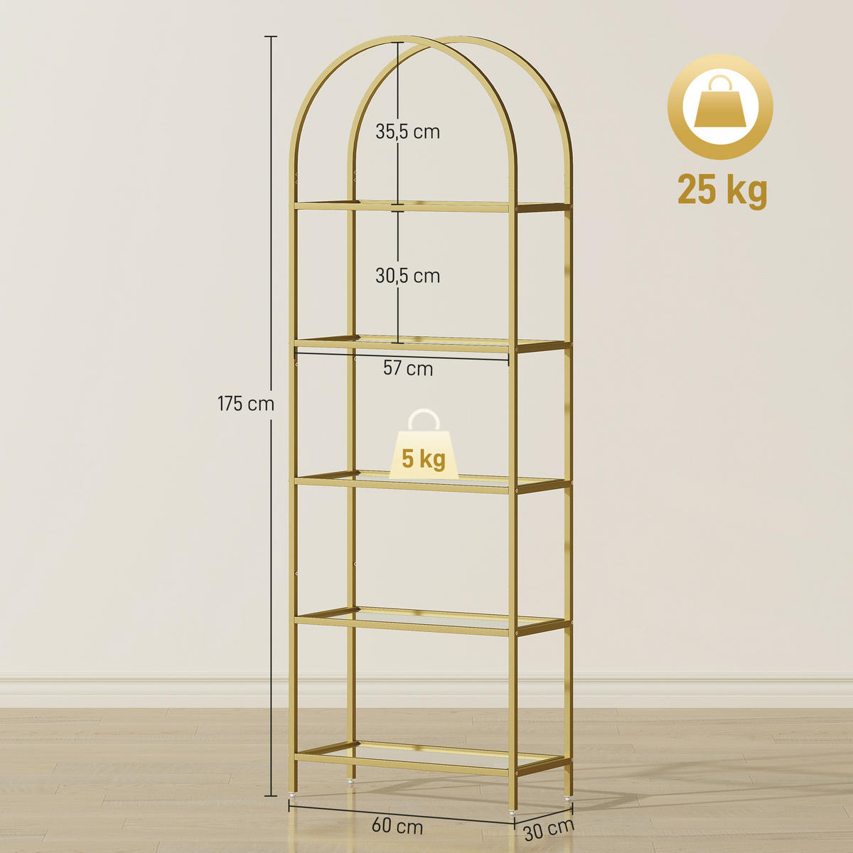 BÜCHERREGAL 60/30/175 cm Gold - Goldfarben, Metall (60/175/30cm)