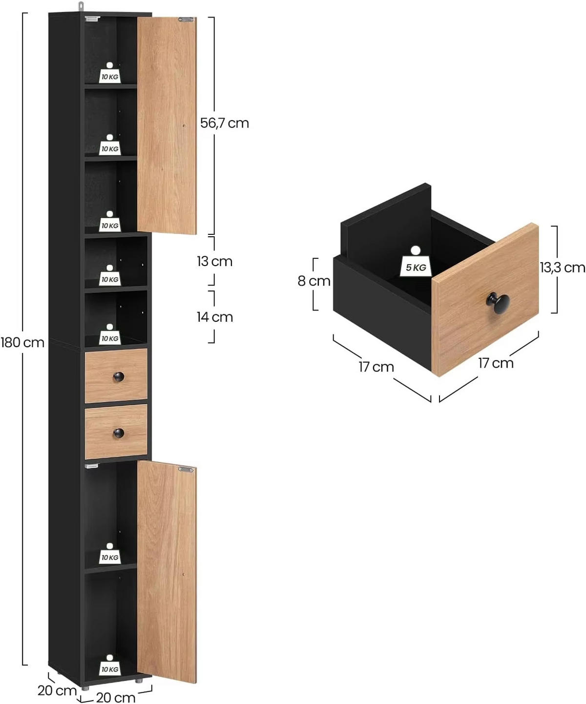 HOCHSCHRANK 20/180/20 cm schmal MDF schwarz Regale - Schwarz, Holz (20/180/20cm) - Coonoor