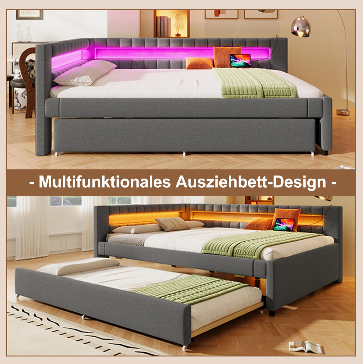 POLSTERBETT 90/200 cm aus Leinen mit hydraulischem Stauraum Grau - Grau, Textil (90/200cm) - Modenvie