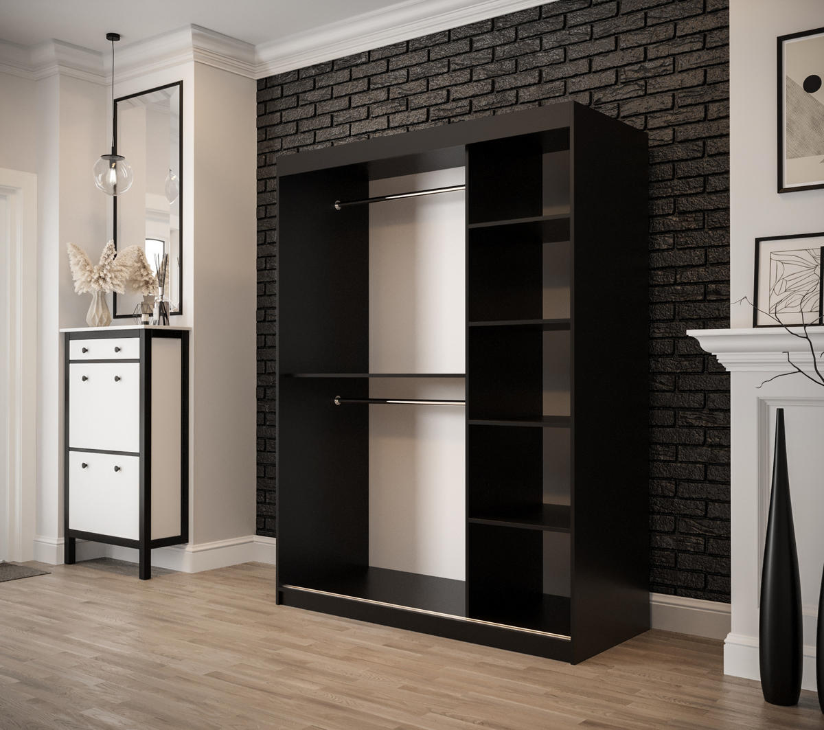 SCHWEBETÜRENSCHRANK 200/150/62 2-türig - Eichefarben/Schwarz, Holz/Kunststoff (150/200/62cm) - MÖBEL KRYSPOL