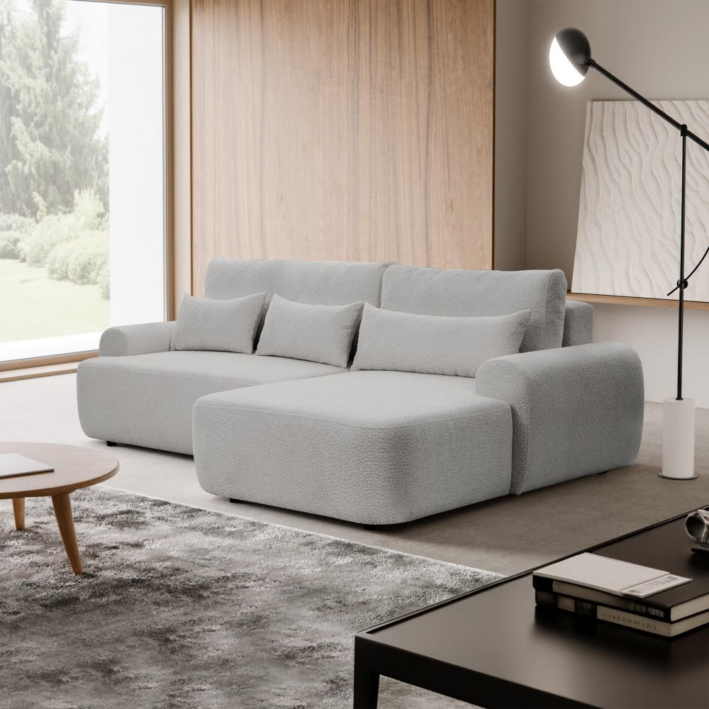ECKSCHLAFSOFA Oliver im Bouclé-Gewebe, Hellgrau, rechts - Hellgrau/Schwarz, Textil (266/160cm) - Beautysofa