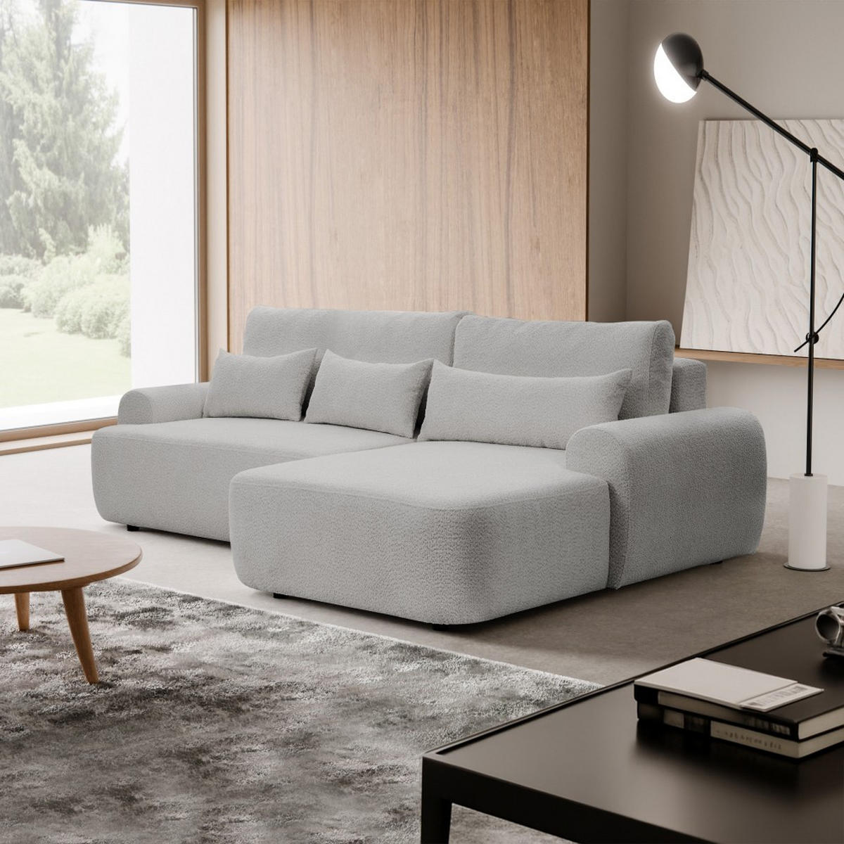 ECKSCHLAFSOFA Oliver im Bouclé-Gewebe, Hellgrau, rechts - Hellgrau/Schwarz, Textil (266/160cm) - Beautysofa