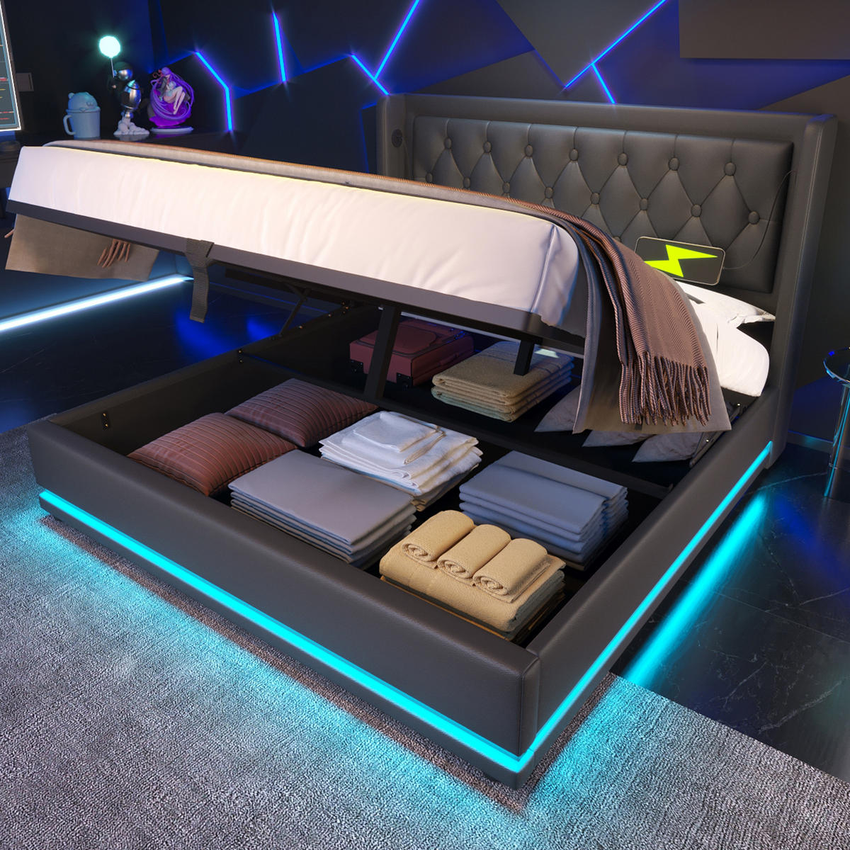 POLSTERBETT 160/200 cm Schwarz mit hydraulischem Stauraum und USB-Anschlüssen - Schwarz, Kunststoff (160/200cm) - OKWISH