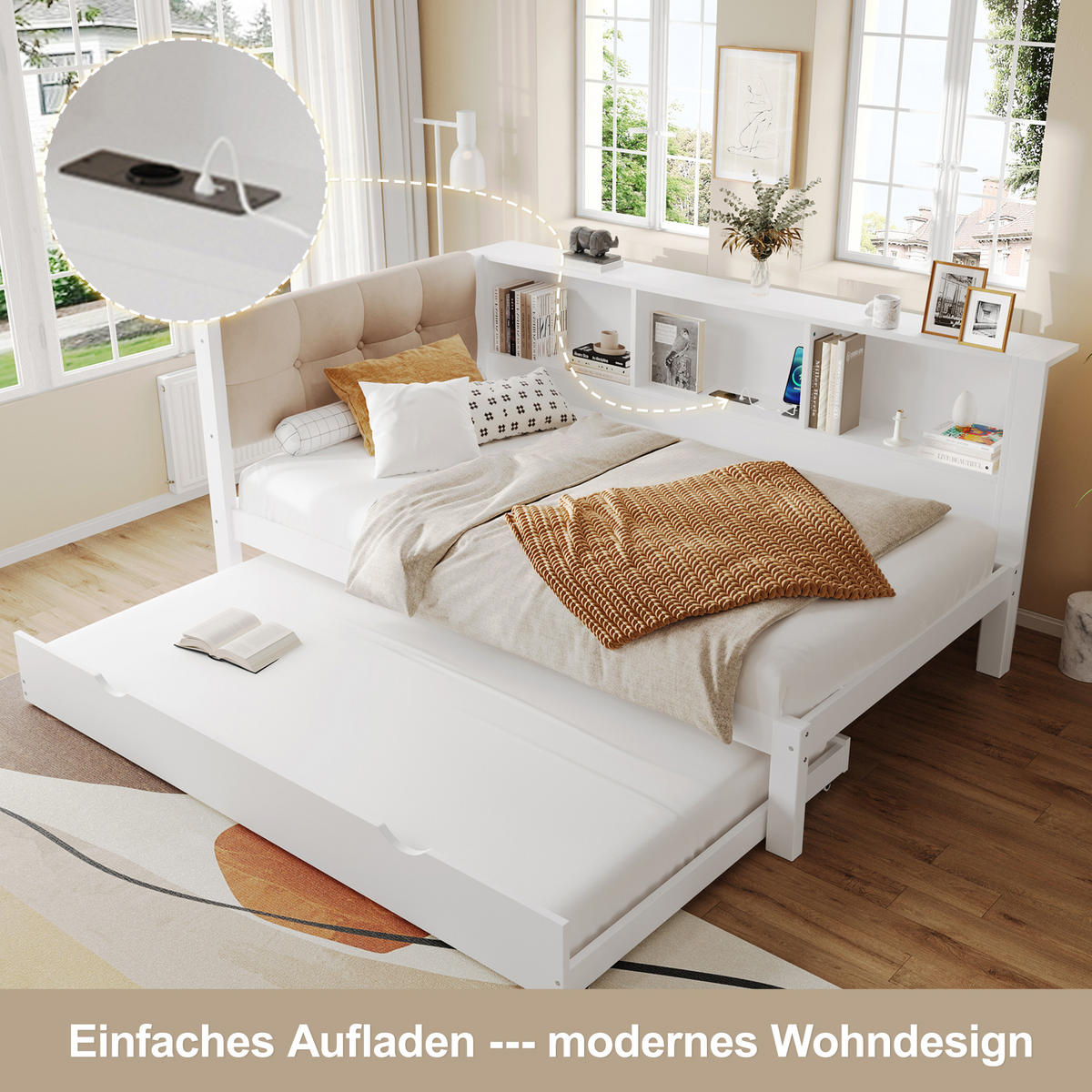 TAGESBETT 90/200 cm Weiß mit ausziehbarem Bett und LED-Beleuchtung aus Kiefernholz - Weiß, Holz (90/200cm) - OKWISH
