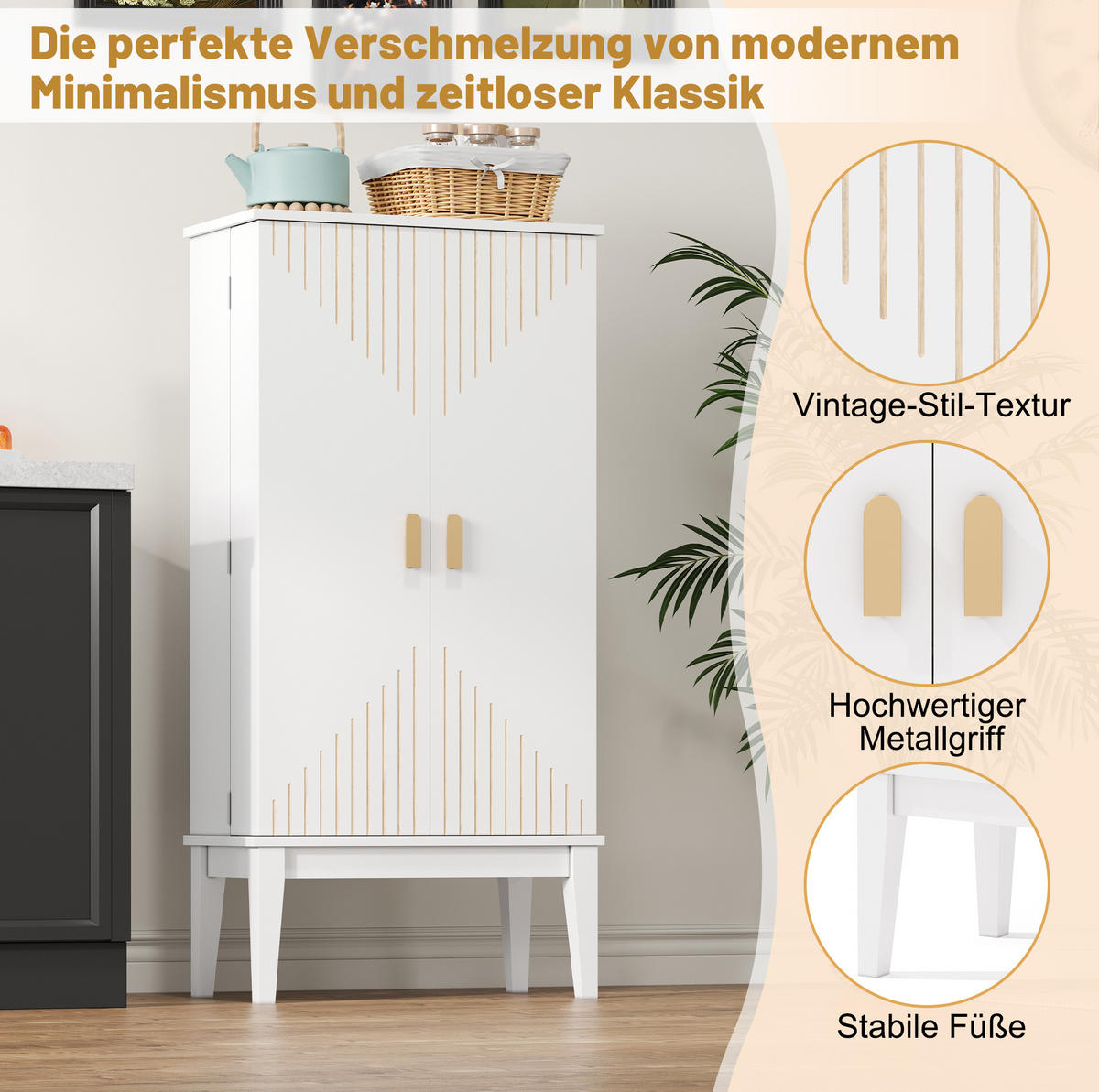BUFFET aus MDF 120x59x30 cm Weiß mit 2 Türen, 5 Fächern und Türablagen im Vintage-Stil - Weiß, Holzwerkstoff (59/120/30cm) - Modfu