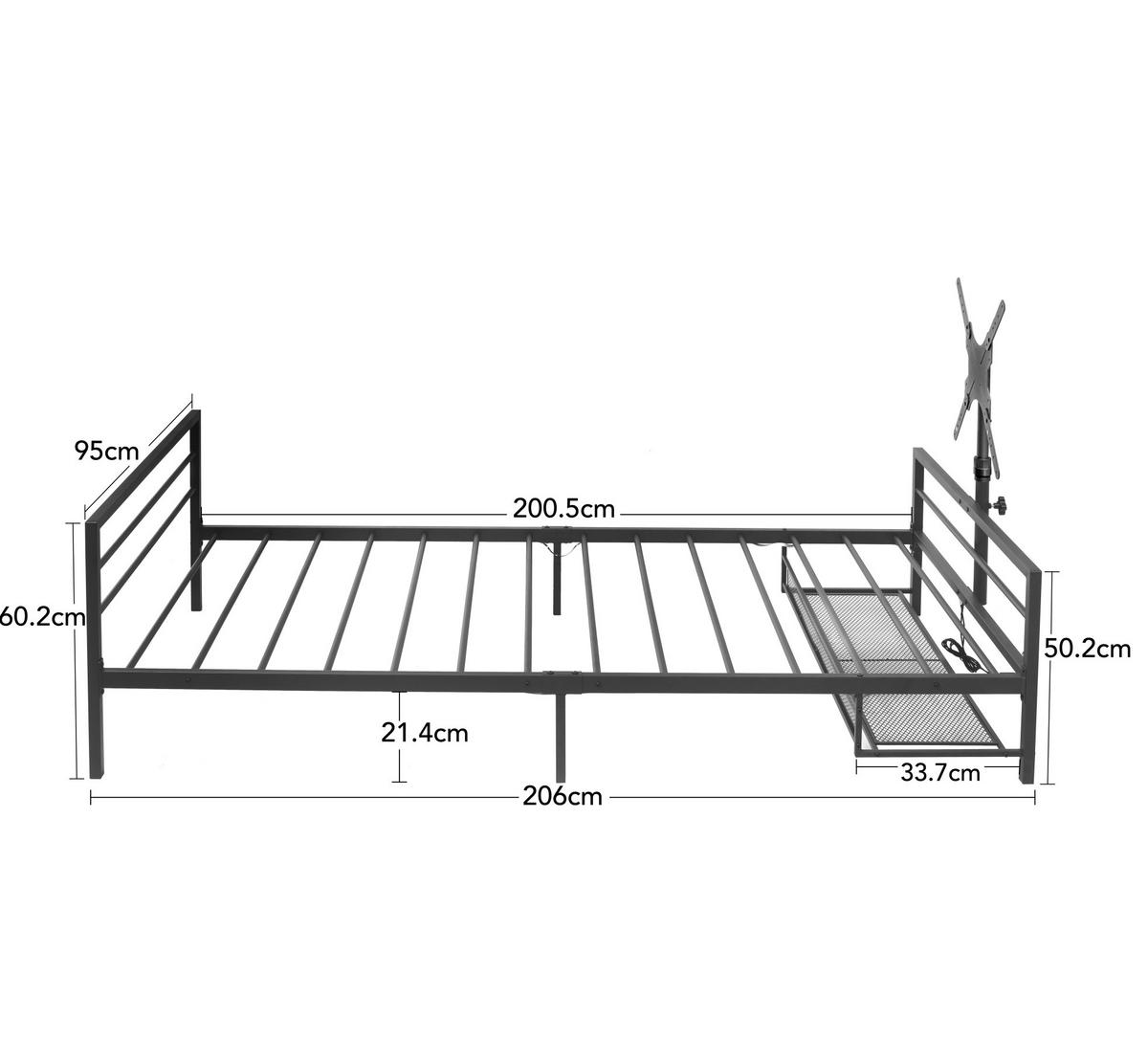 METALLBETT aus Eisen 90x200 cm Schwarz mit LED-Beleuchtung, verstellbarer Monitorhalterung und Aufbewahrungskorb - Schwarz, Metall (90/200cm) - Modfu