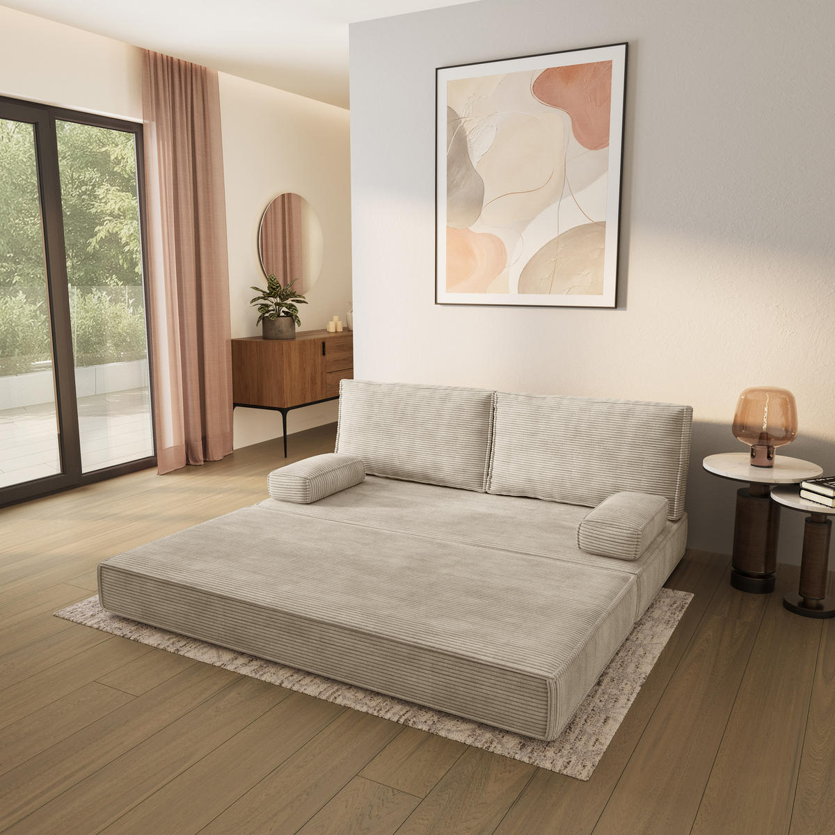 POHOVKA z pěny SILAR s funkcí spaní Manšestrová látka Krémová - krémová, textil (170/86/80cm) - MASSENO