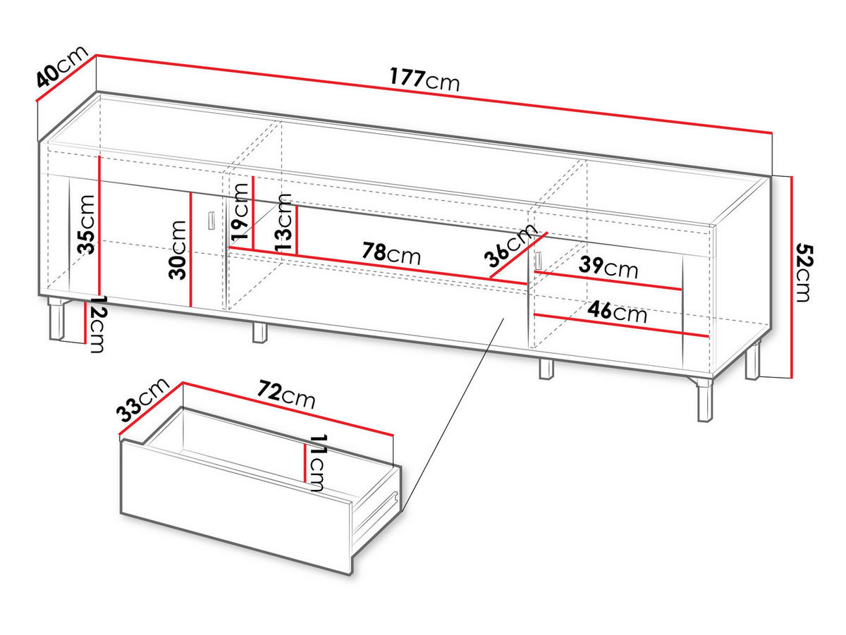 TV-LOWBOARD Mossa 2D1S MO08 - Goldfarben/Schwarz, Holzwerkstoff/Kunststoff (177/40/40cm) - MIRJAN24