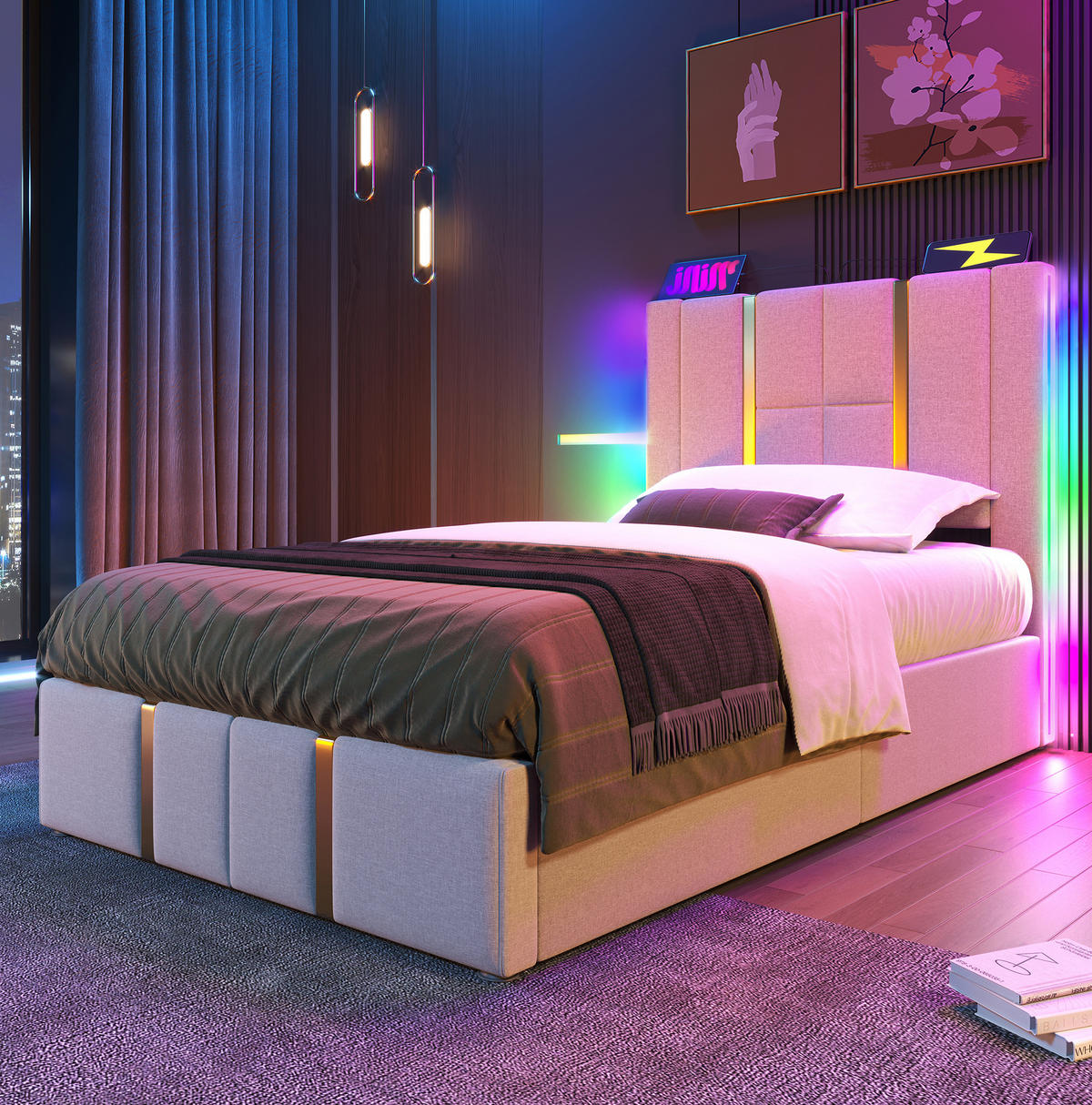 BETT mit Stauraum 90x200 cm Leinen Beige mit LED - Beige, Metall (90/200cm) - Meubliv