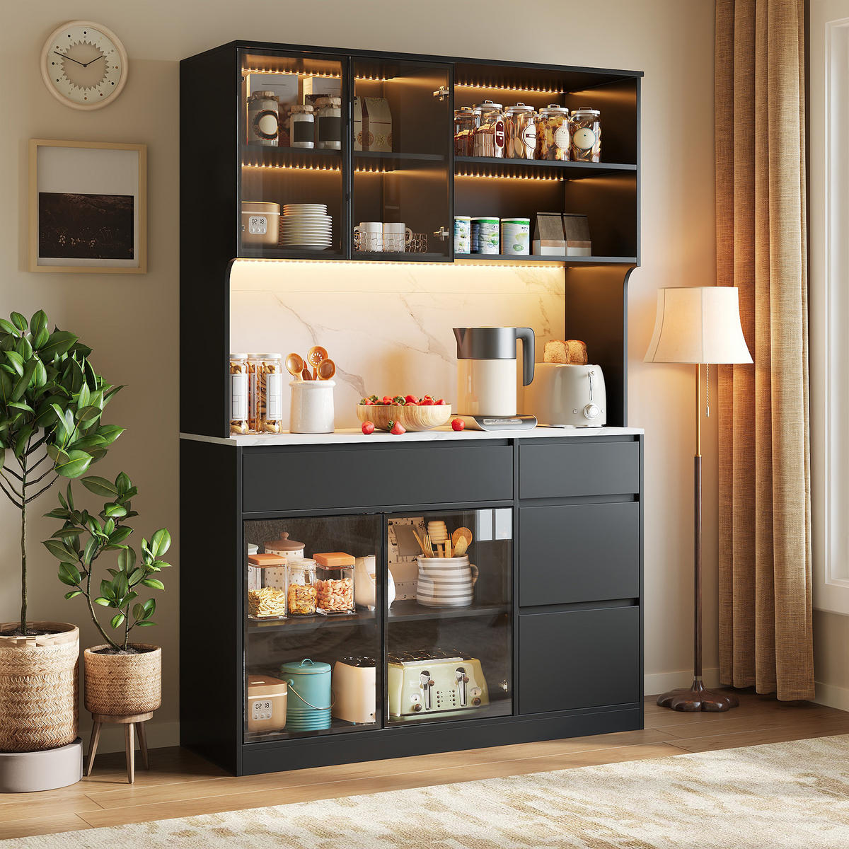HOCHSCHRANK Vitrine LED Marmoroptik Glaselemente Schwarz Weiß - Multicolor, Holzwerkstoff (120/180/40cm) - FLIEKS
