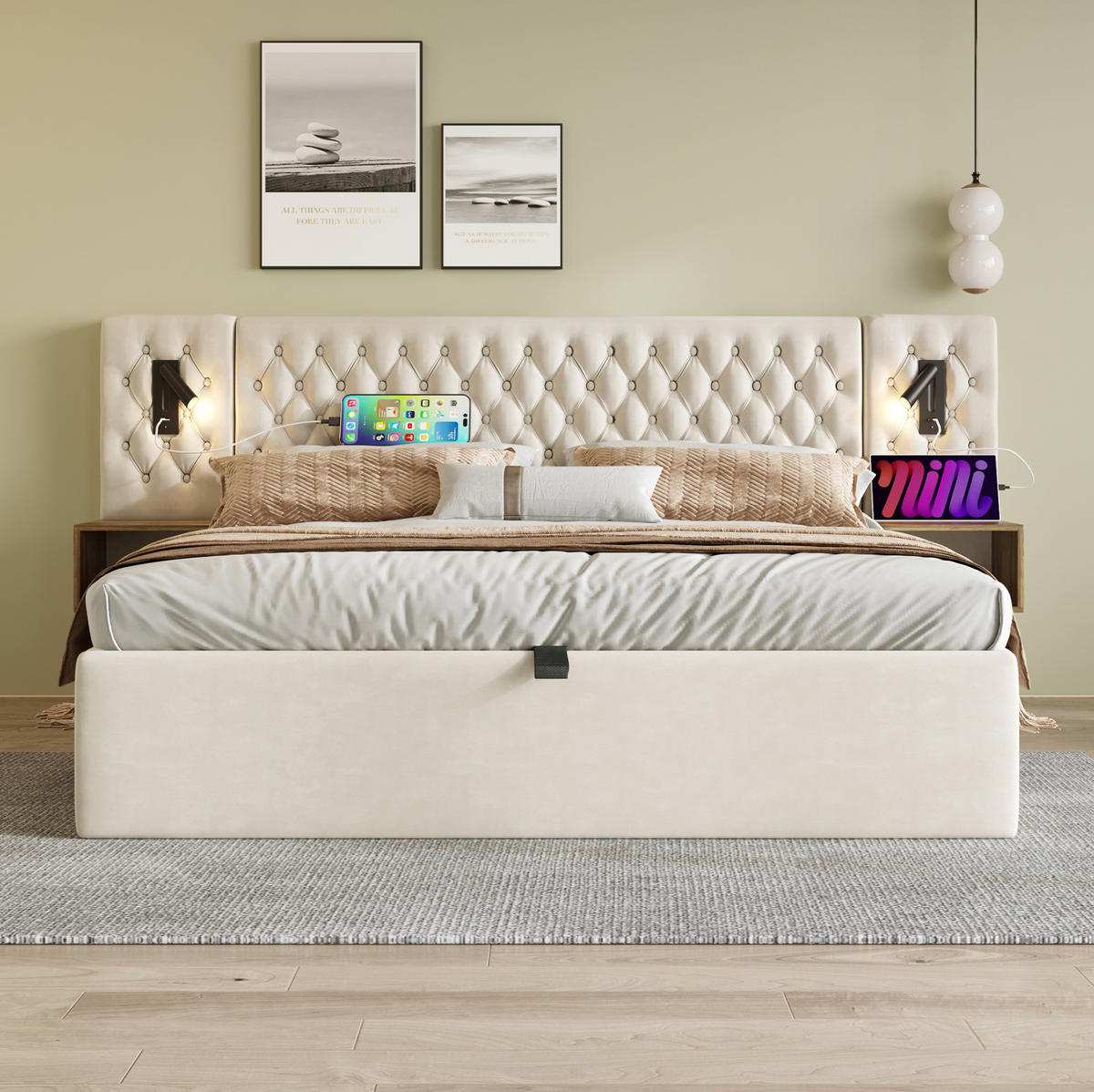 ČALOUNĚNÁ postel 160/200 cm béžová ze sametu s úložným prostorem a 2 nočními stolky - béžová, textil (160/200cm) - OKWISH