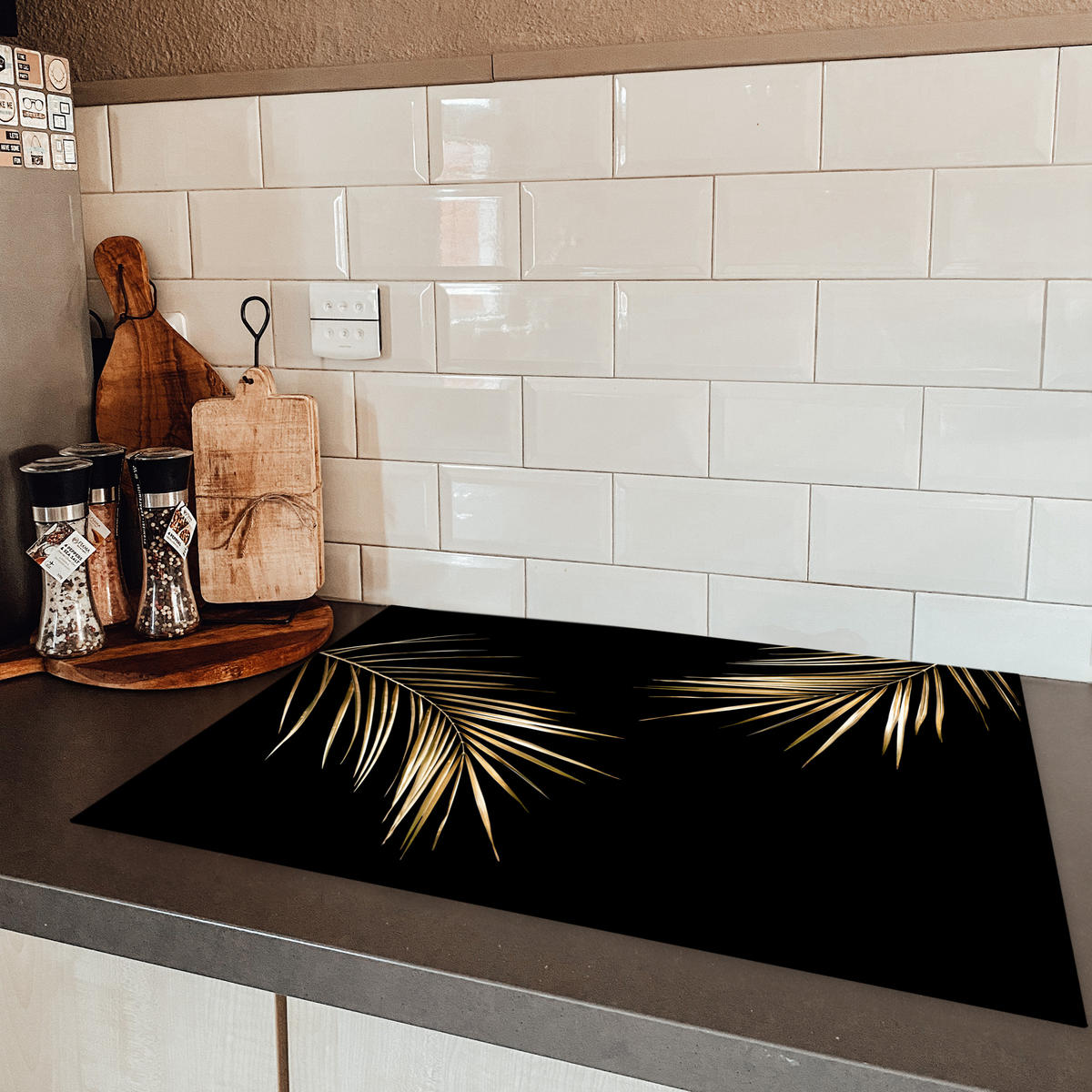 HERDABDECKPLATTE Blätter - Pflanzen - Gold - Schwarz - Luxus Herdabdeckung Induktionsfeld 75x52 cm - Goldfarben, Kunststoff (75/52/0.2cm) - MuchoWow