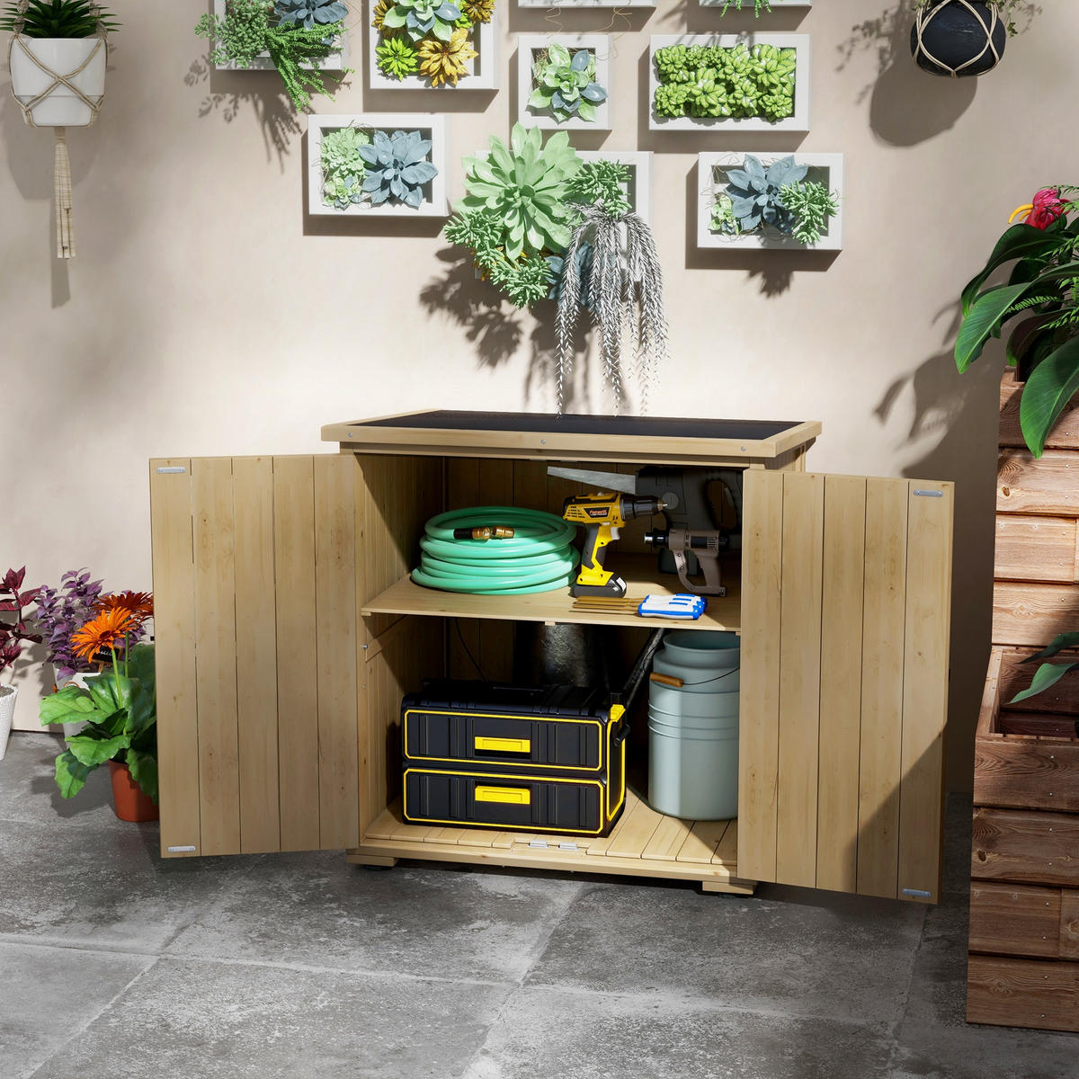 GARTENSCHRANK, Wetterfester Geräteschuppen, Doppeltür, für Garten Balkon, Holz, Natur - Fichtefarben, Holz (88/90/77.5cm) - Outsunny