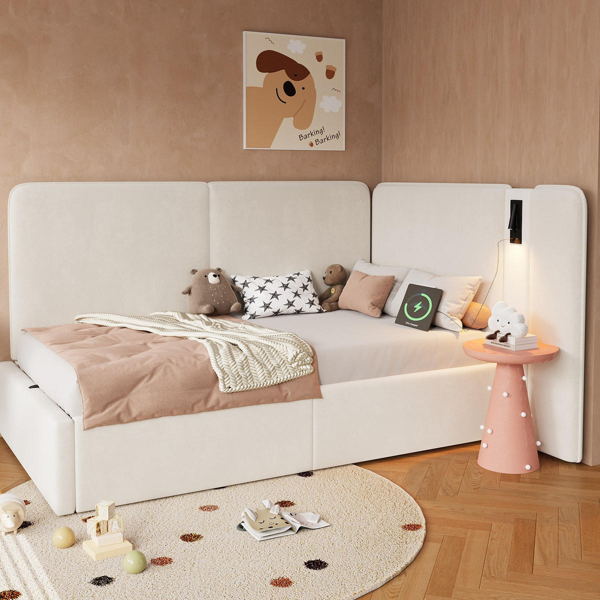 KREVET 90/200 cm s hidrauličnim spremištem, USB-C priključkom i podesivom lampom, Baršun, Bež - bež, tekstil (90/200cm) - Redom