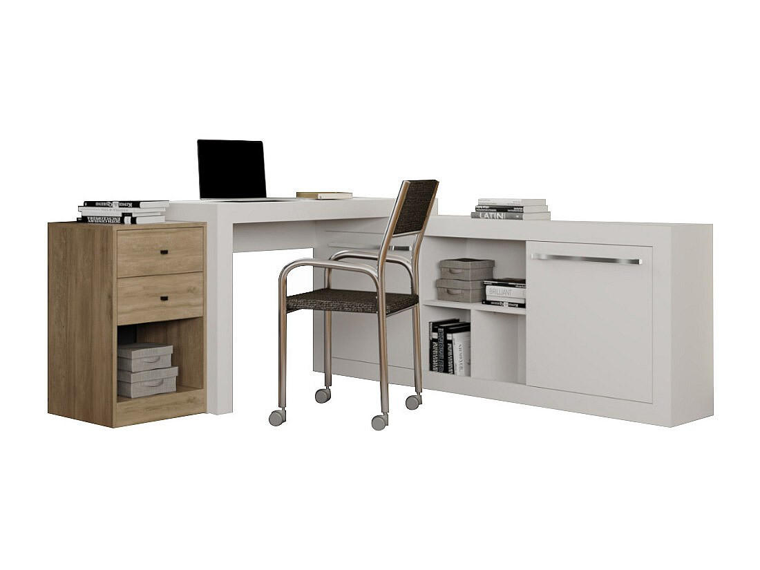 ECKSCHREIBTISCH mit 2 Schubladen & 2 Türen - Weiß & Eichefarben - EVAN - Naturfarben, Holz (175.5/159.9/75.3cm) - Vente-Unique