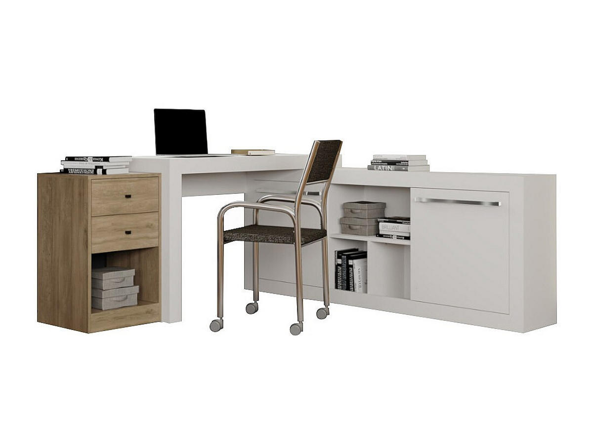 ECKSCHREIBTISCH mit 2 Schubladen & 2 Türen - Weiß & Eichefarben - EVAN - Naturfarben, Holz (175.5/159.9/75.3cm) - Vente-Unique