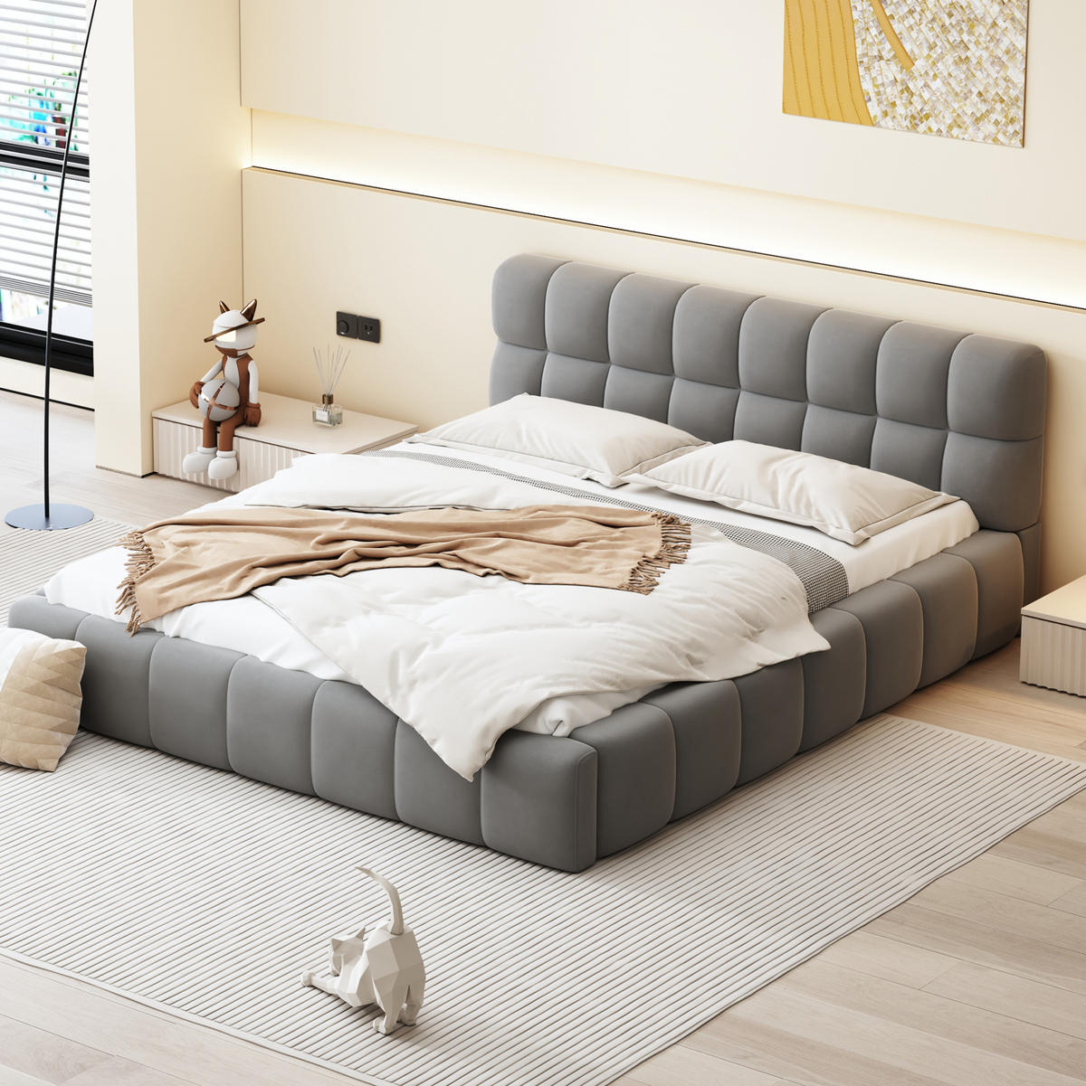 POLSTERBETT 140/190 cm mit Rückenlehne in Grau, Doppelbett mit Lattenrost - Grau, Textil (140/190cm) - OKWISH