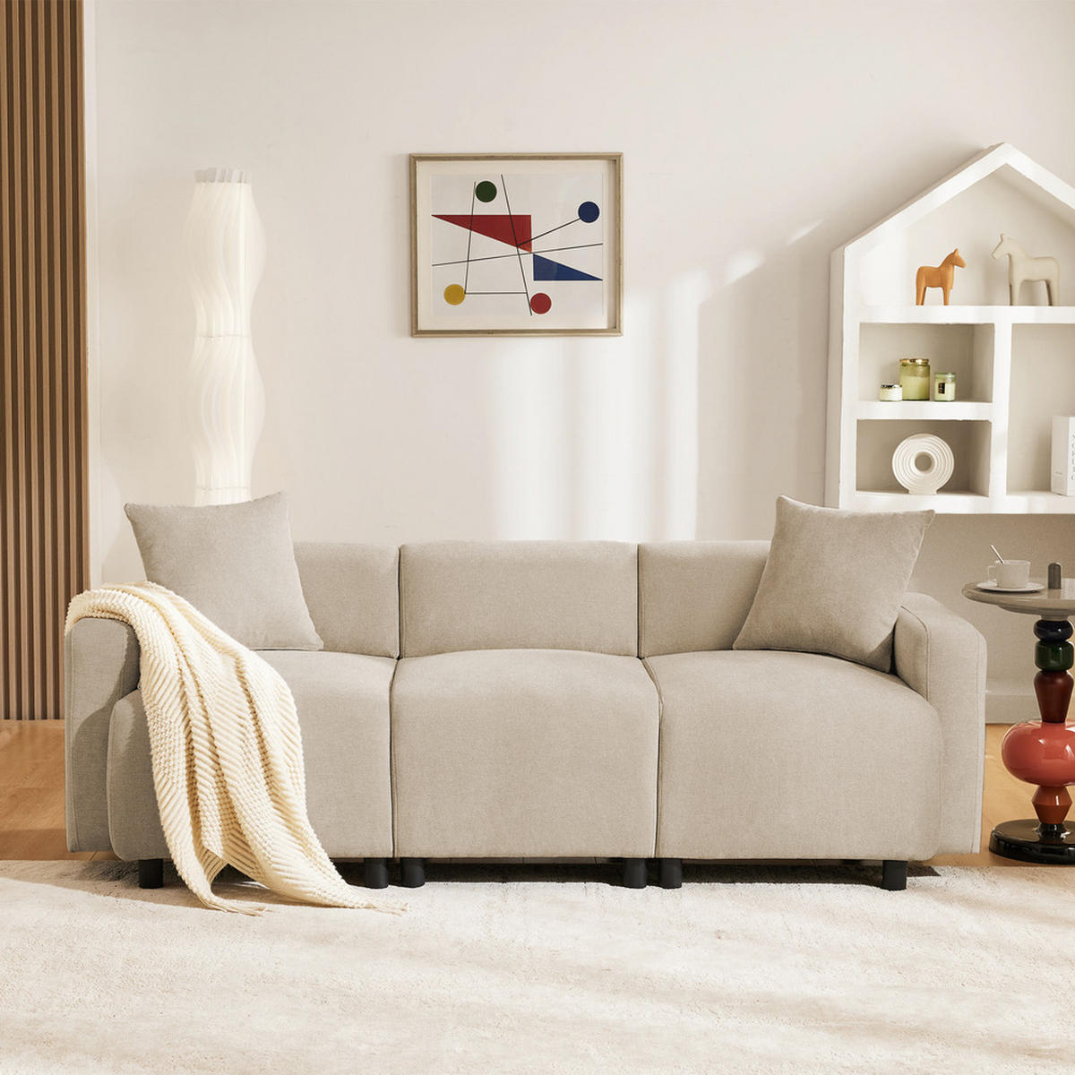 SOFA 3-Sitzer Modern mit Dekokissen Polster Beige - Beige, Holz (76.5/43/61cm) - FLIEKS