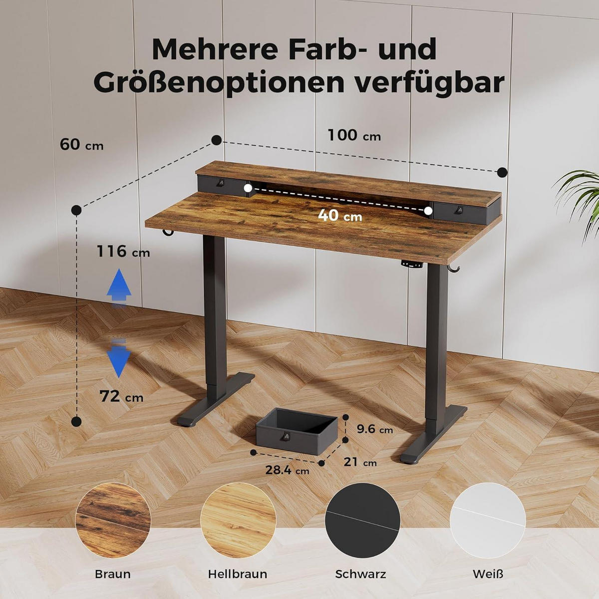 SCHREIBTISCH höhenverstellbar mit 2 Schubladen 100 x 60 cm Braun - Braun, Holzwerkstoff (100/60/75cm)