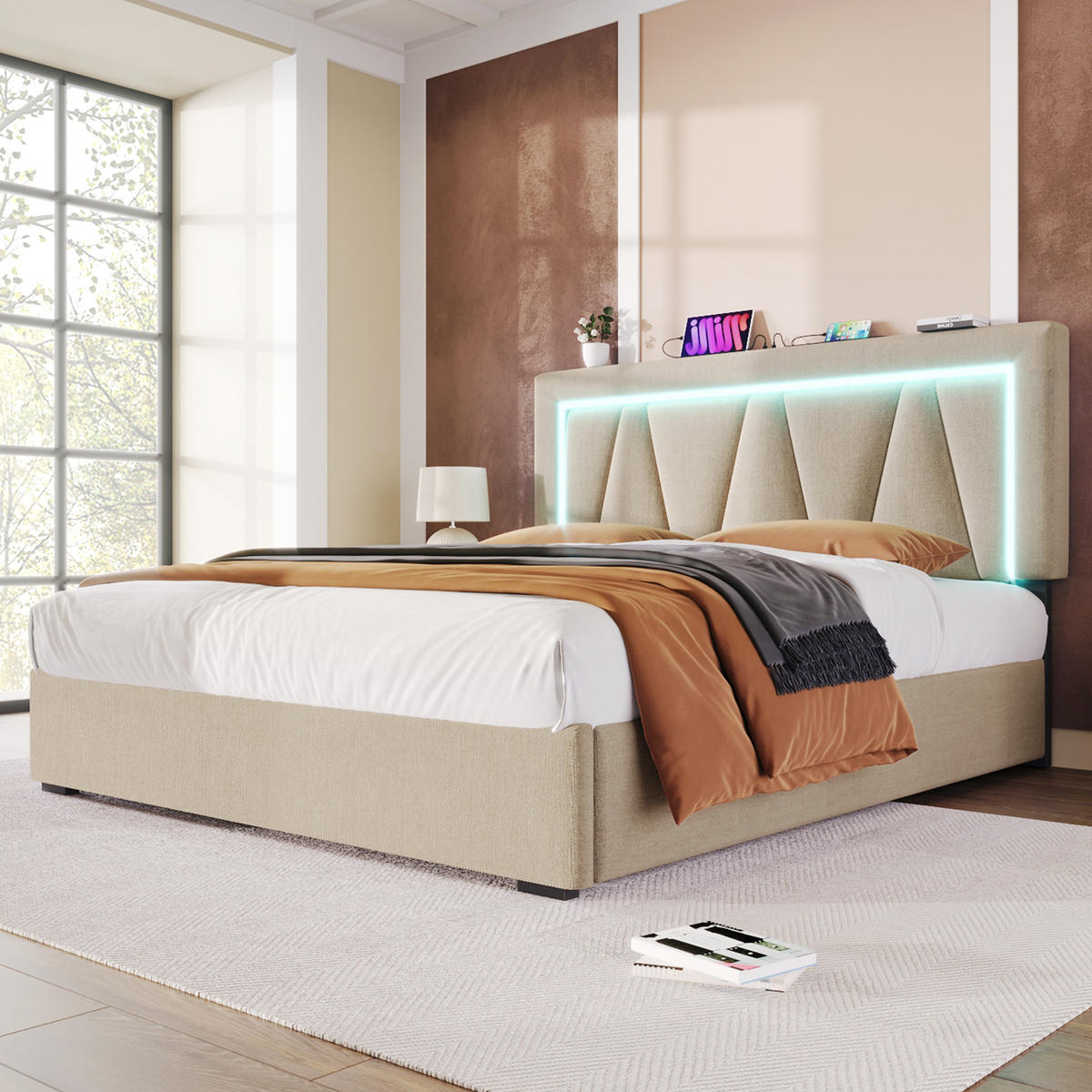 POLSTERBETT 160/200 cm beige mit USB- und Type-C-Anschlüssen und LED-Beleuchtung - Beige, Textil (160/200cm) - OKWISH