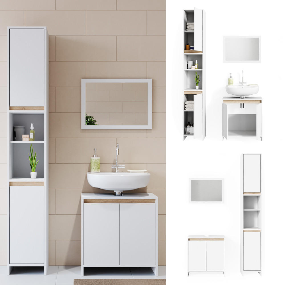 BADMÖBEL-SET Emma Weiß/Sonoma 3 Teile, mit Hochschrank - Weiß/Sonoma Eiche, Holzwerkstoff (58/60/33cm) - Vicco