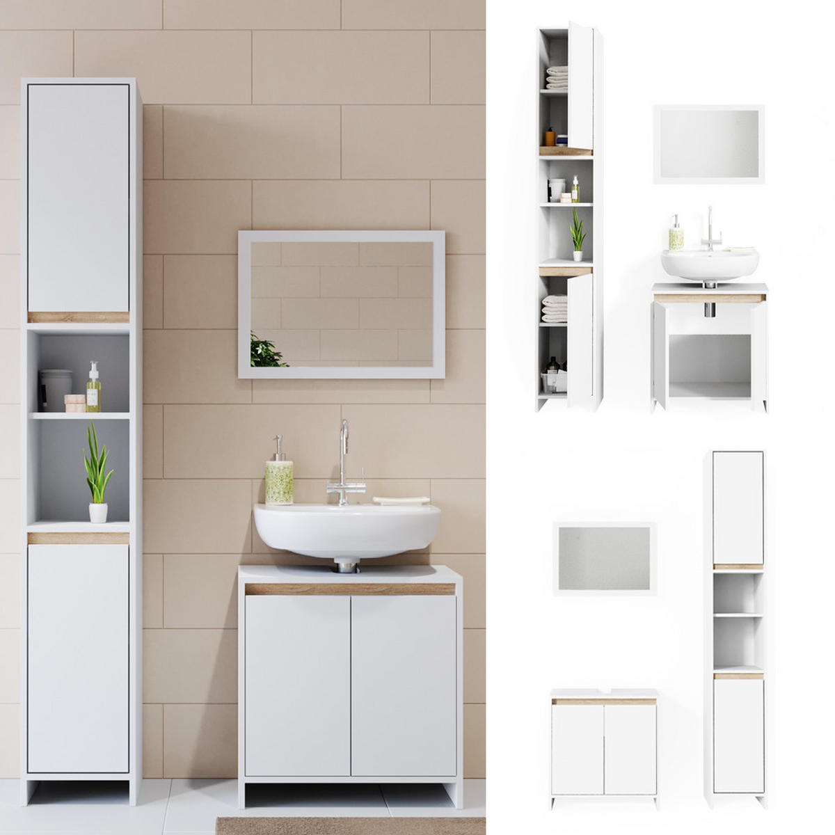 BADMÖBEL-SET Emma Weiß/Sonoma 3 Teile, mit Hochschrank - Weiß/Sonoma Eiche, Holzwerkstoff (58/60/33cm) - Vicco