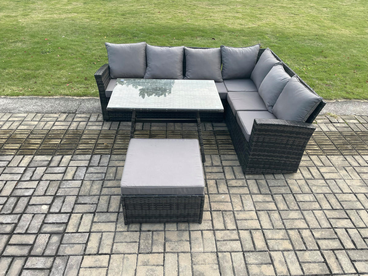 GARTENMÖBELSET mit ESSTISCH,HOCHLEHNER-SOFA Polyrattan Dunkelgrauer Mix 7-Sitzer - Dunkelgrau/Grau, Glas/Kunststoff - Fimous
