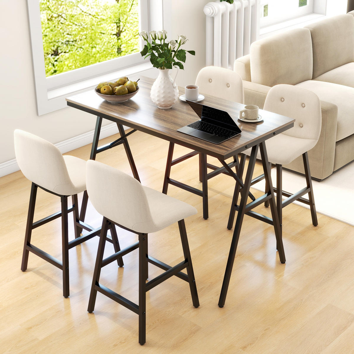 BARTISCH mit Barhocker Set, 5-teilig Essgruppe, Küchentisch, Bartisch Set, Beige - Beige, Textil (60/91/120cm) - HOMCOM