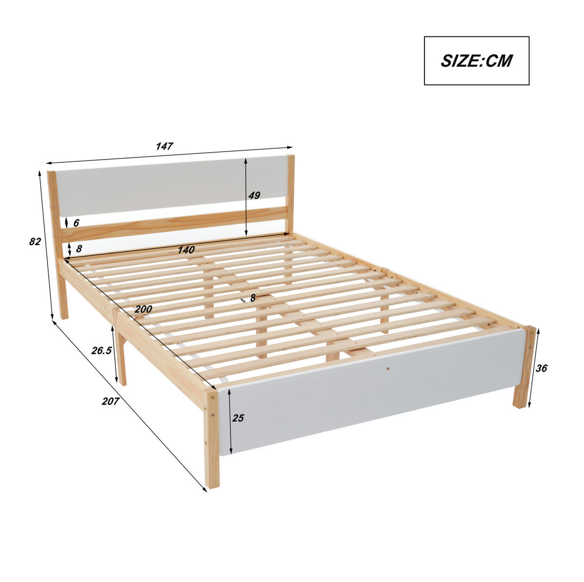 RÁMOVÁ posteľ z masívneho dreva a MDF, 140/200 cm, biela/prírodná - prírodná farba, drevo (140/200cm) - BEAOK