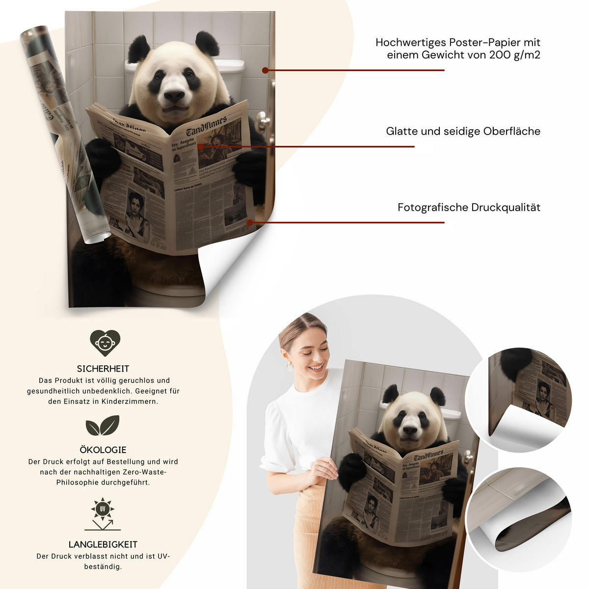 POSTER für Badezimmer WC PANDA auf Toilette mit Zeitung Abstraktion 30x40cm - Beige/Schwarz, Papier (30/40/40cm) - Muralo